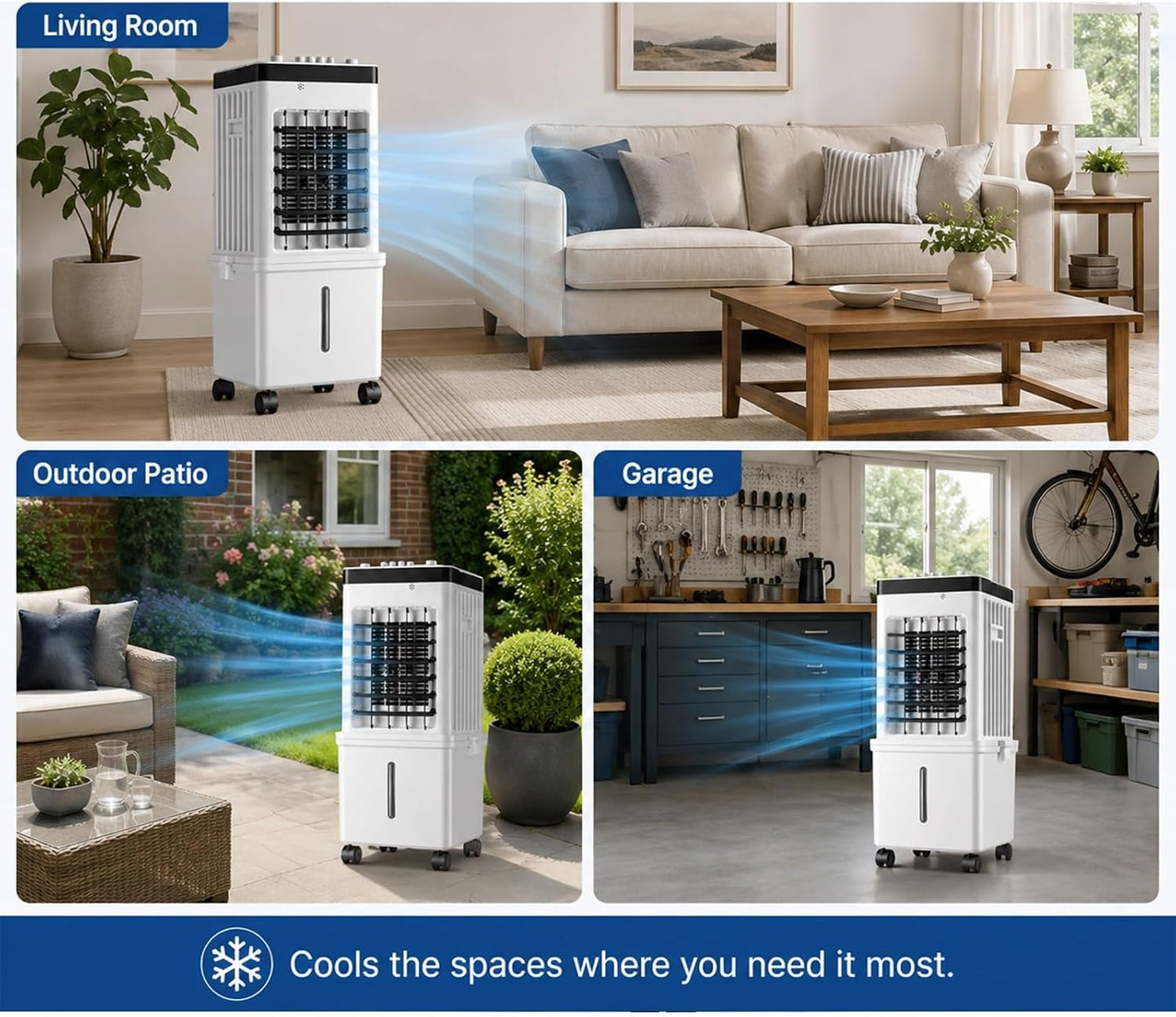 Rafraîchisseur D'air Par Évaporation Pour La Maison, Ventilateur De Refroidissement 15L, 3 Vitesses, 4 Pains De Glace, Réservoir D'eau Amovible