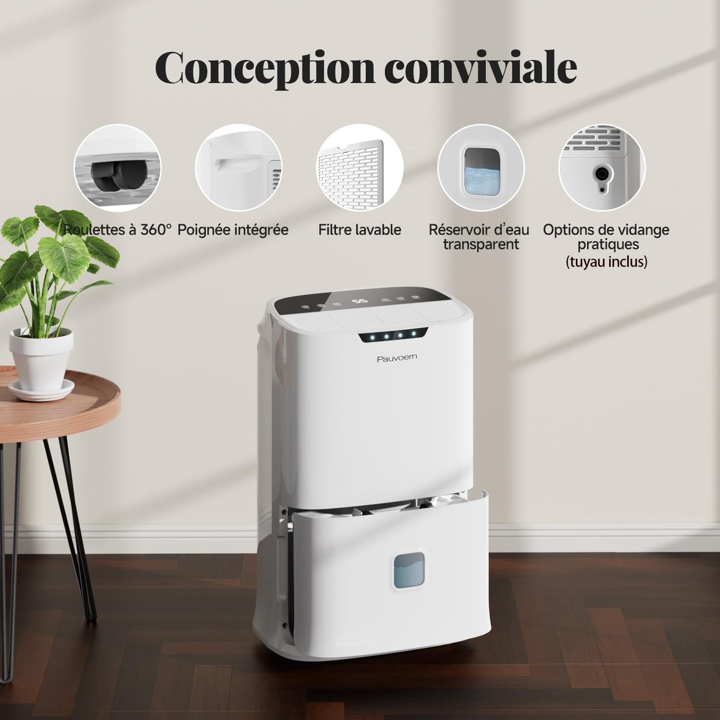  Déshumidificateur Intelligent 22 L/jour Pour La Maison, La Cave, La Chambre à Coucher – Silencieux, Puissante évacuation De L'humidité, Dégivrage Automatique, Verrouillage Enfant, Filtre à