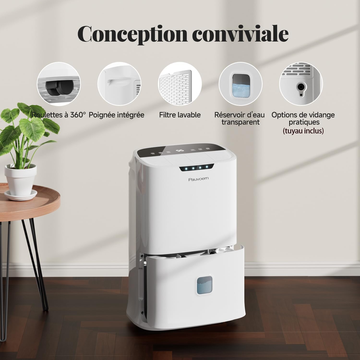  Déshumidificateur Intelligent 22 L/jour Pour La Maison, La Cave, La Chambre à Coucher – Silencieux, Puissante évacuation De L'humidité, Dégivrage Automatique, Verrouillage Enfant, Filtre à