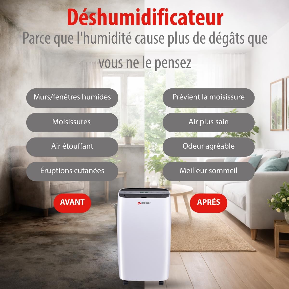  Alpina Déshumidificateur D’Air – Déshumidificateur D Air Anti Moisissure Et Anti Humidité Pour Maison Jusqu’à 20m² – Absorbeur D’Humidité Électrique – Absorbeur D’Odeur – Déshumidificateurs Compact