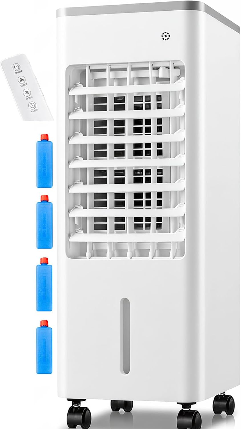  Climatiseur Évaporatif 4 En 1 Avec Réservoir 12L Et Télécommande，3 Vitesses, Oscillation 90°-120°, Minuterie 7,5 H, 4 Blocs De Glace Inclus, Roulettes Mobiles (White 12L)