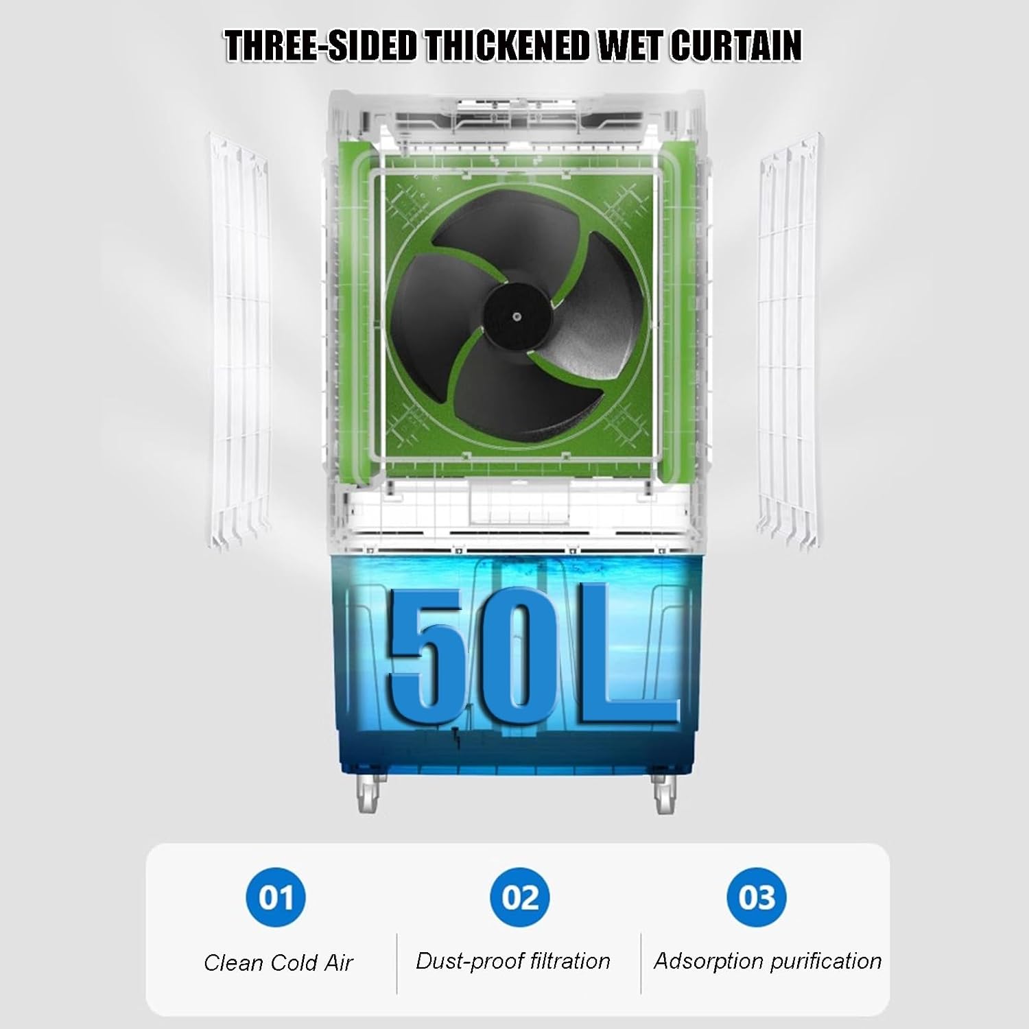 GENERIC Ventilateur De Refroidisseur D'air évaporatif Commercial - 50 Litres De Large Avec Humidificateur, Télécommande, Oscillant, Réglages à 3 Vitesses, Flux D'air Puissant Pour Les Pièces Jusqu'à 60m2-18