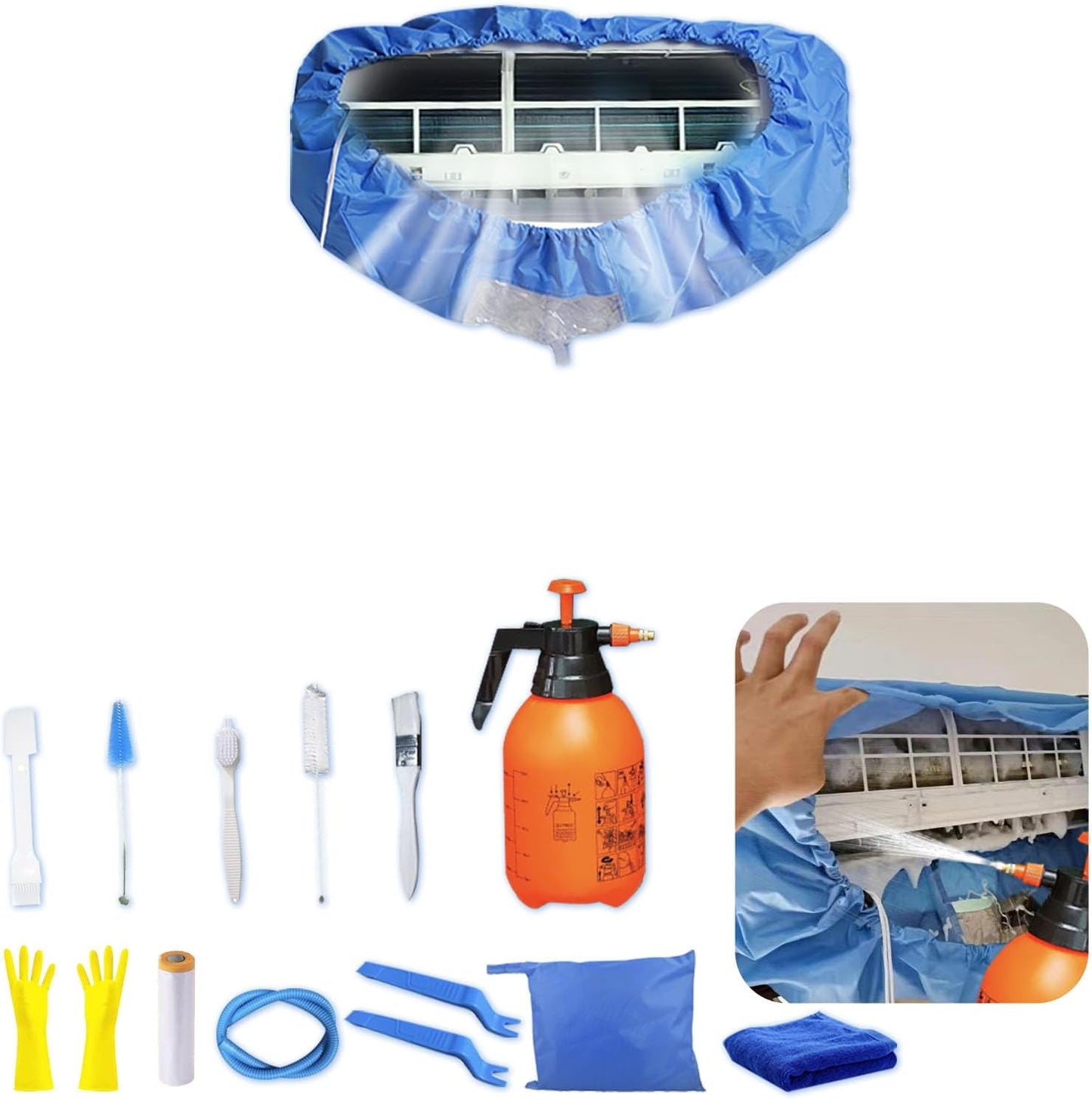  Kit Nettoyage Climatiseur Mural，Kit Nettoyage Climatisation Split，Nettoyage Climatisation Split，Bâche Nettoyage Clim(15 Pièces, Noir, Grande Taille : 94-132 Cm/37,4-51,18 Pouces)