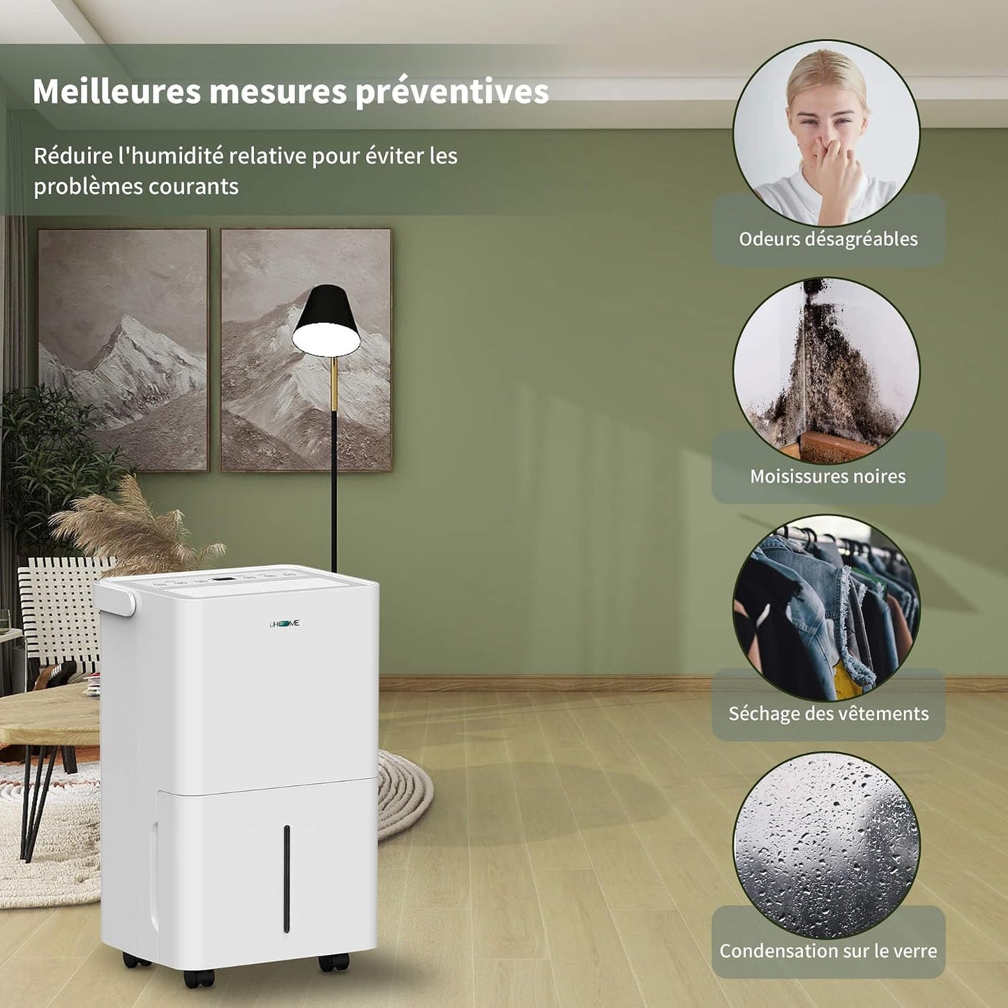  Uhome Déshumidificateur électrique, 12 L/24 H, Déshumidificateur D'ambiance 54 M³/18 M², Avec Arrêt Automatique, Capteur D'humidité, Mode Lavage Et Filtre à Charbon Actif, Tuyau D'arrosage
