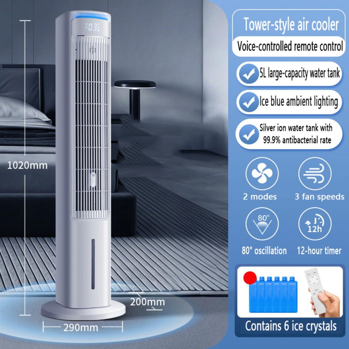 GENERIC Ventilateur De Tour De Refroidissement De Marais, Climatiseur De Réservoir De 4L Avec Oscillation, 3 Vitesses, Fonctionnement Silencieux, Packs De Minuterie Et De Glace, Contrôle Tactile Pour Le Burea