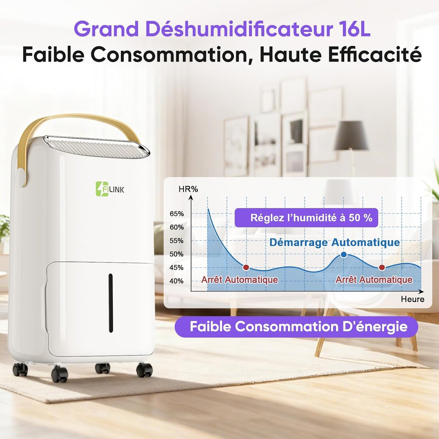  Deshumidificateur D Air 16L/Jour, Déshumidificateur Electrique, Minuterie 24H, Verrouillage Pour Enfants, Protection Anti Débordement, 110m³ (45m²), Pour Maison, Appartement, Salle De Bain, Cave