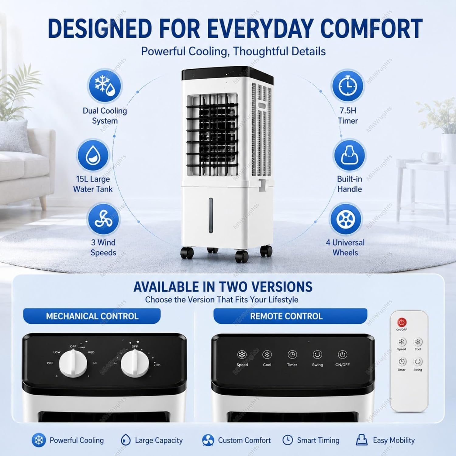  Climatiseur Portable Sans Fenêtre, Ventilateur Refroidisseur D'air 15 L Avec 3 Vitesses De Ventilation, Installation Non Requise, Rafraîchisseur D'air Par évaporation RemoteControl