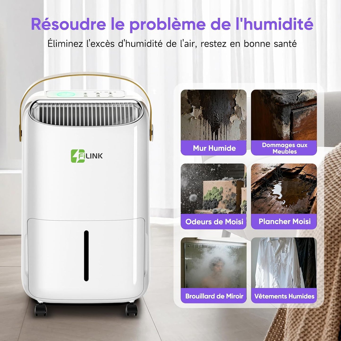  Deshumidificateur D Air 16L/Jour, Déshumidificateur Electrique, Minuterie 24H, Verrouillage Pour Enfants, Protection Anti Débordement, 110m³ (45m²), Pour Maison, Appartement, Salle De Bain, Cave