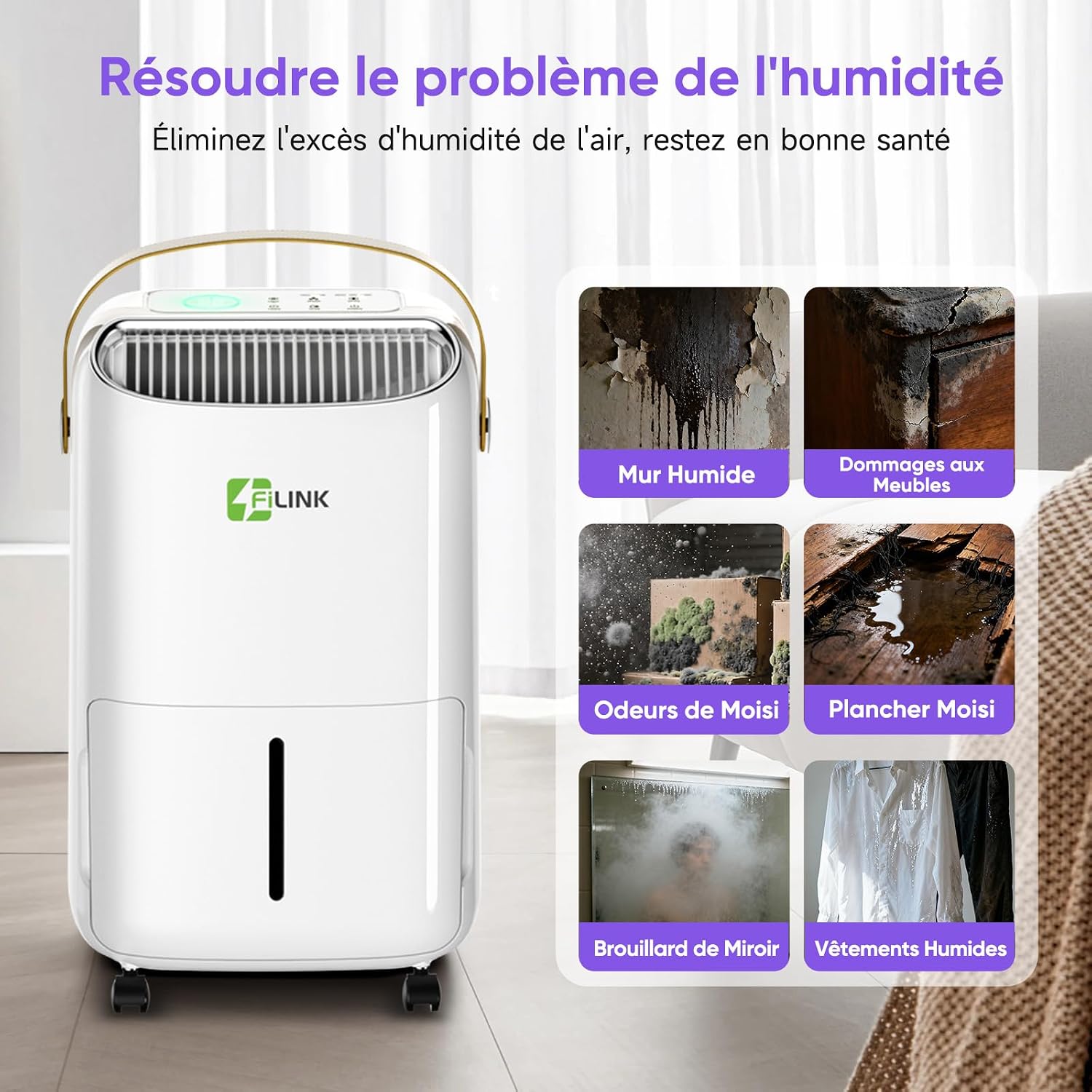  Deshumidificateur D Air 16L/Jour, Déshumidificateur Electrique, Minuterie 24H, Verrouillage Pour Enfants, Protection Anti Débordement, 110m³ (45m²), Pour Maison, Appartement, Salle De Bain, Cave