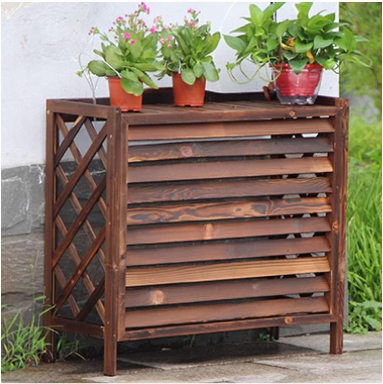  Housse De Protection Vintage Pour Climatiseur Extérieur - Protection De Clôture En Bois - Résistante Aux Intempéries - Unité AC - Poubelle Et Clôture - 95 X 40 X 89 Cm