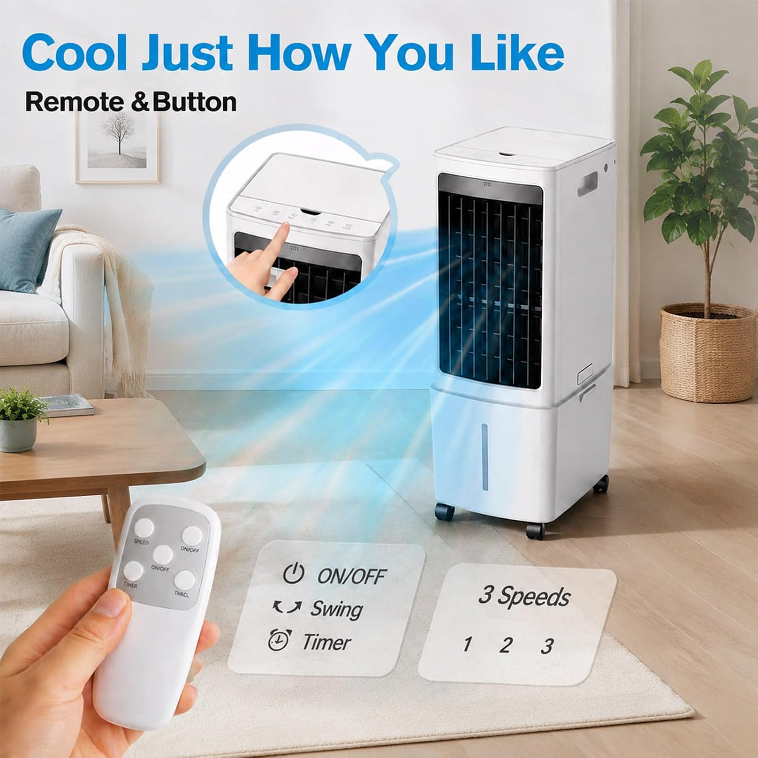  12L Portable Refroidisseur D'air évaporatif Ventilateur D'air Froid, Réservoir D'eau Détachable, Télécommande, Roulettes Roulantes Et Filtre à Poussière Lavable, Refroidisseur Mobile Pour Le Salon De
