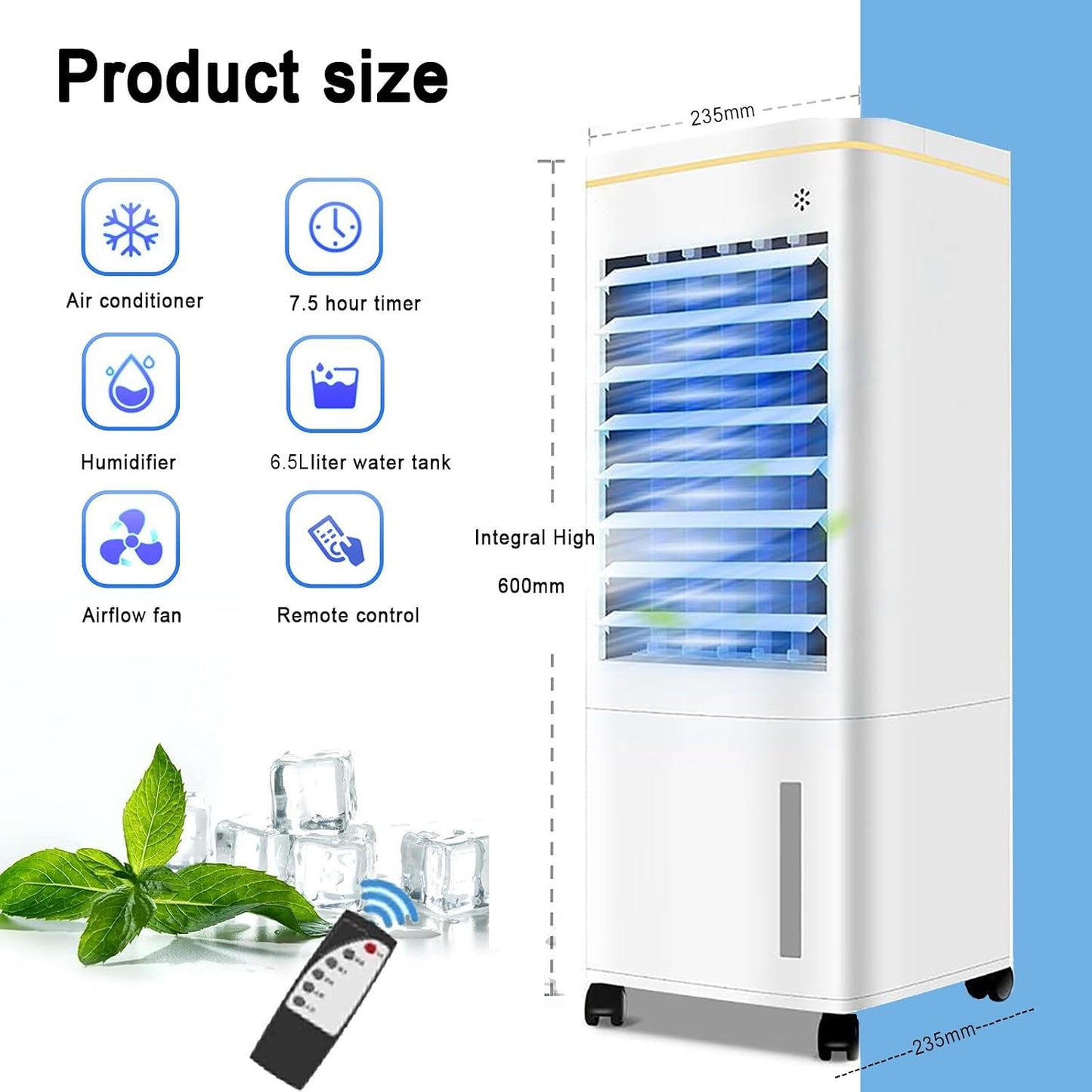 GENERIC Refroidisseur D'évaporation Portable Avec Télécommande, Ventilateur De Merle économe En énergie De 60W Pour Le Bureau De Chambre.Le Grand Réservoir De 1,55 Gal Dure 16 Heures.Sortie Ultra-Large 18x26.