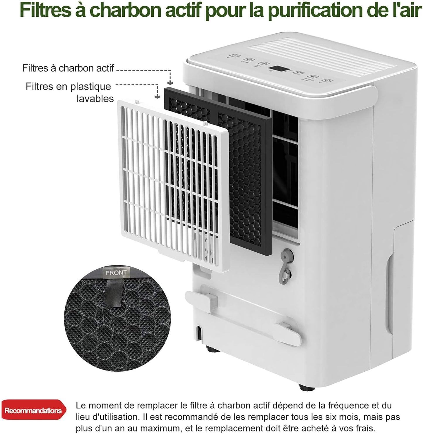  Uhome Déshumidificateur électrique, 12 L/24 H, Déshumidificateur D'ambiance 54 M³/18 M², Avec Arrêt Automatique, Capteur D'humidité, Mode Lavage Et Filtre à Charbon Actif, Tuyau D'arrosage