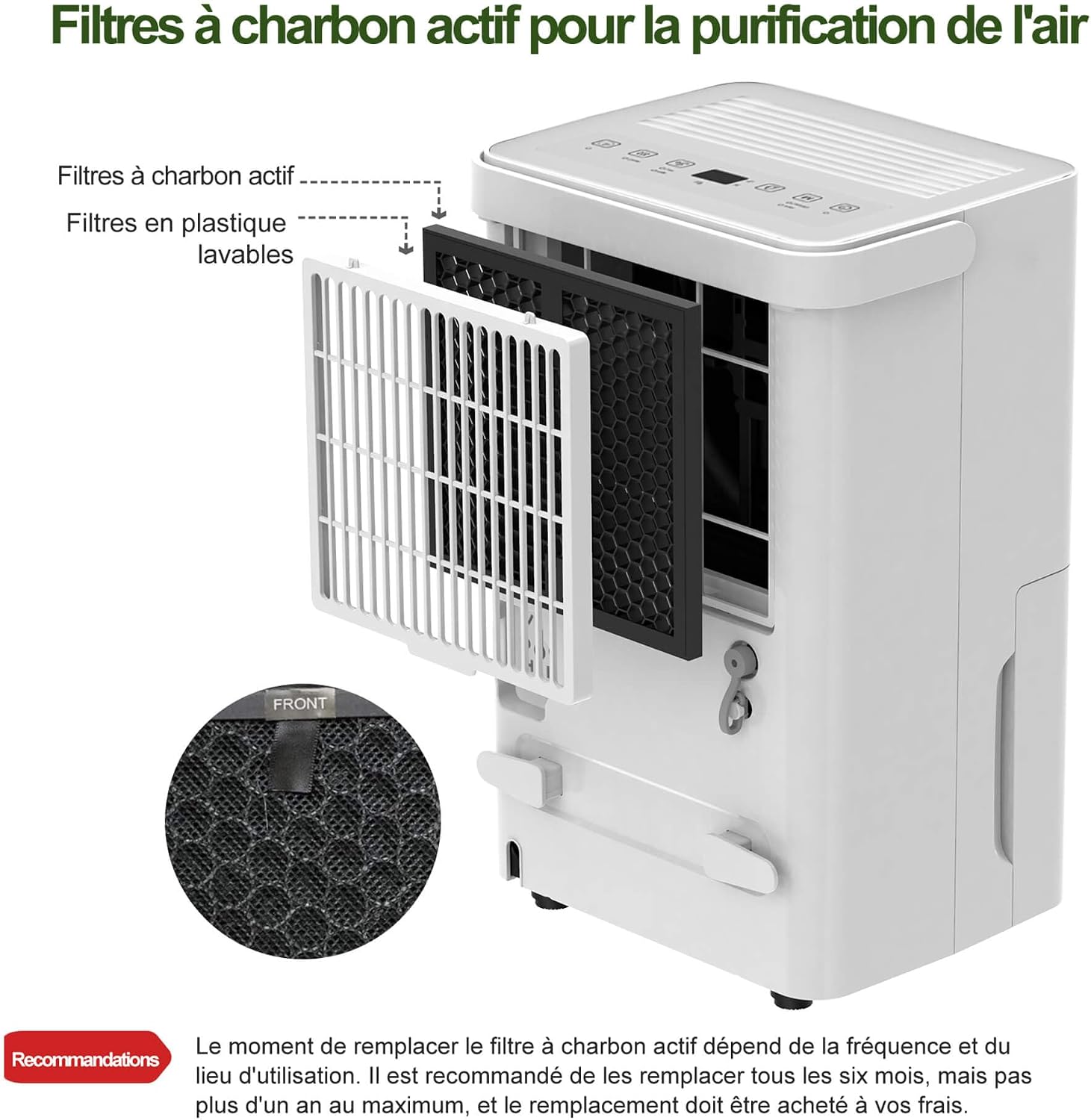  Uhome Déshumidificateur électrique, 12 L/24 H, Déshumidificateur D'ambiance 54 M³/18 M², Avec Arrêt Automatique, Capteur D'humidité, Mode Lavage Et Filtre à Charbon Actif, Tuyau D'arrosage
