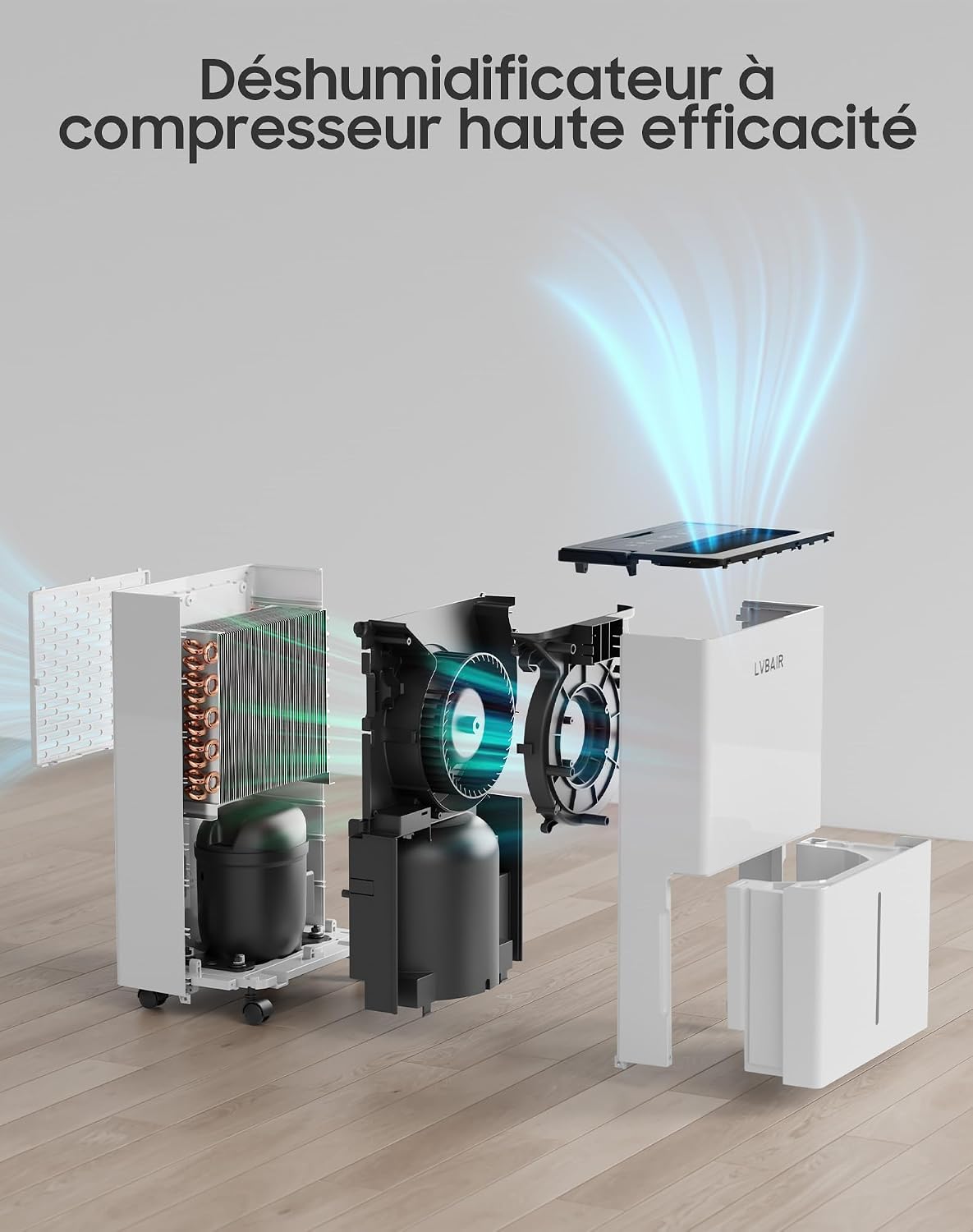  Déshumidificateur 20L/jour - Déshumidificateur électrique Puissant, économe En énergie, Portable, 3 Modes Et Contrôle Intelligent De L'humidité, Déshumidificateur électrique