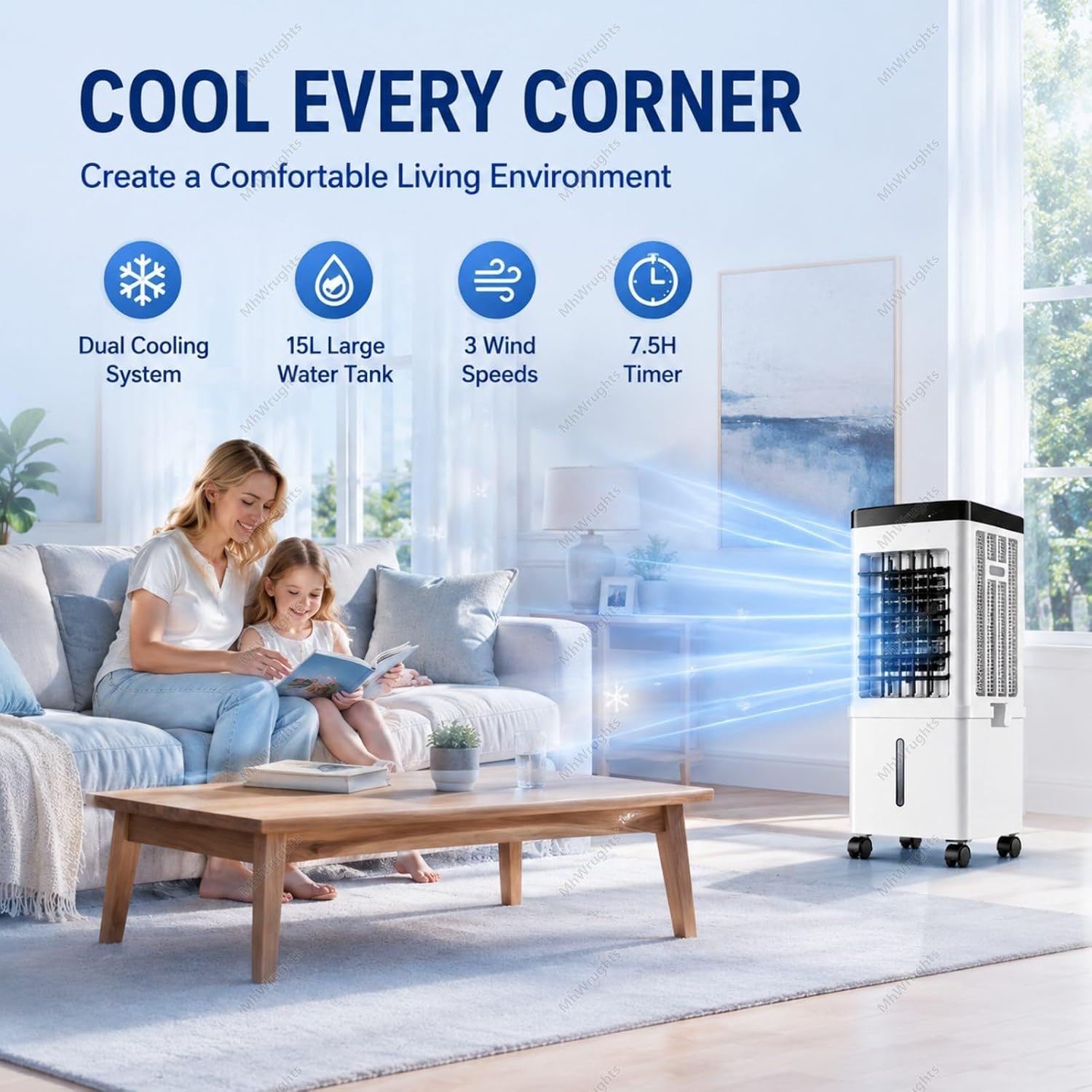 Climatiseur Portable Sans Fenêtre, Ventilateur Refroidisseur D'air 15 L Avec 3 Vitesses De Ventilation, Installation Non Requise, Rafraîchisseur D'air Par évaporation RemoteControl