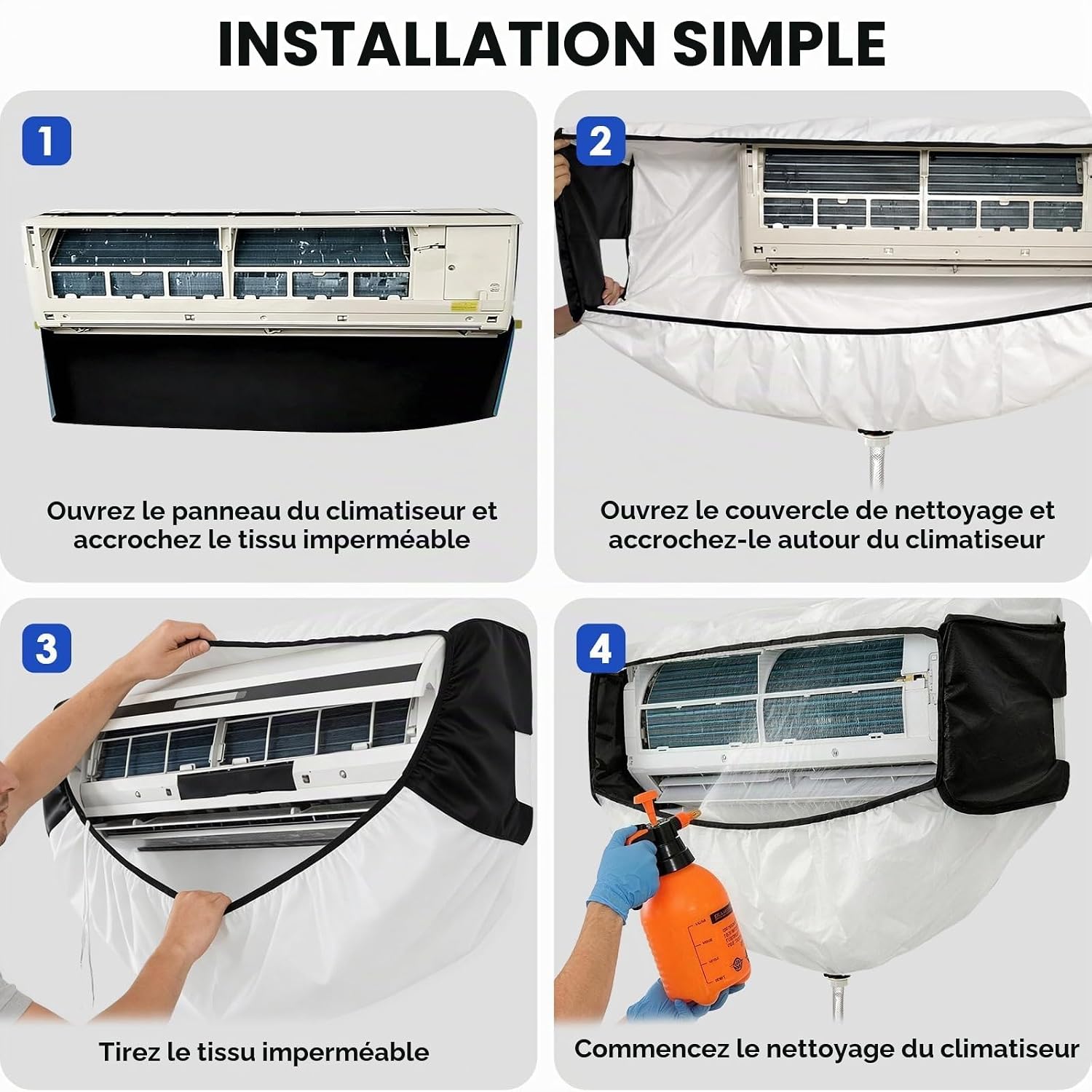  Kit De Nettoyage Climatisation Panneaux Latéraux Double Face, Housse Climatiseur Imperméable En épais Pour Climatiseur Split Mural – Noir-Blanc, Taille 2XL