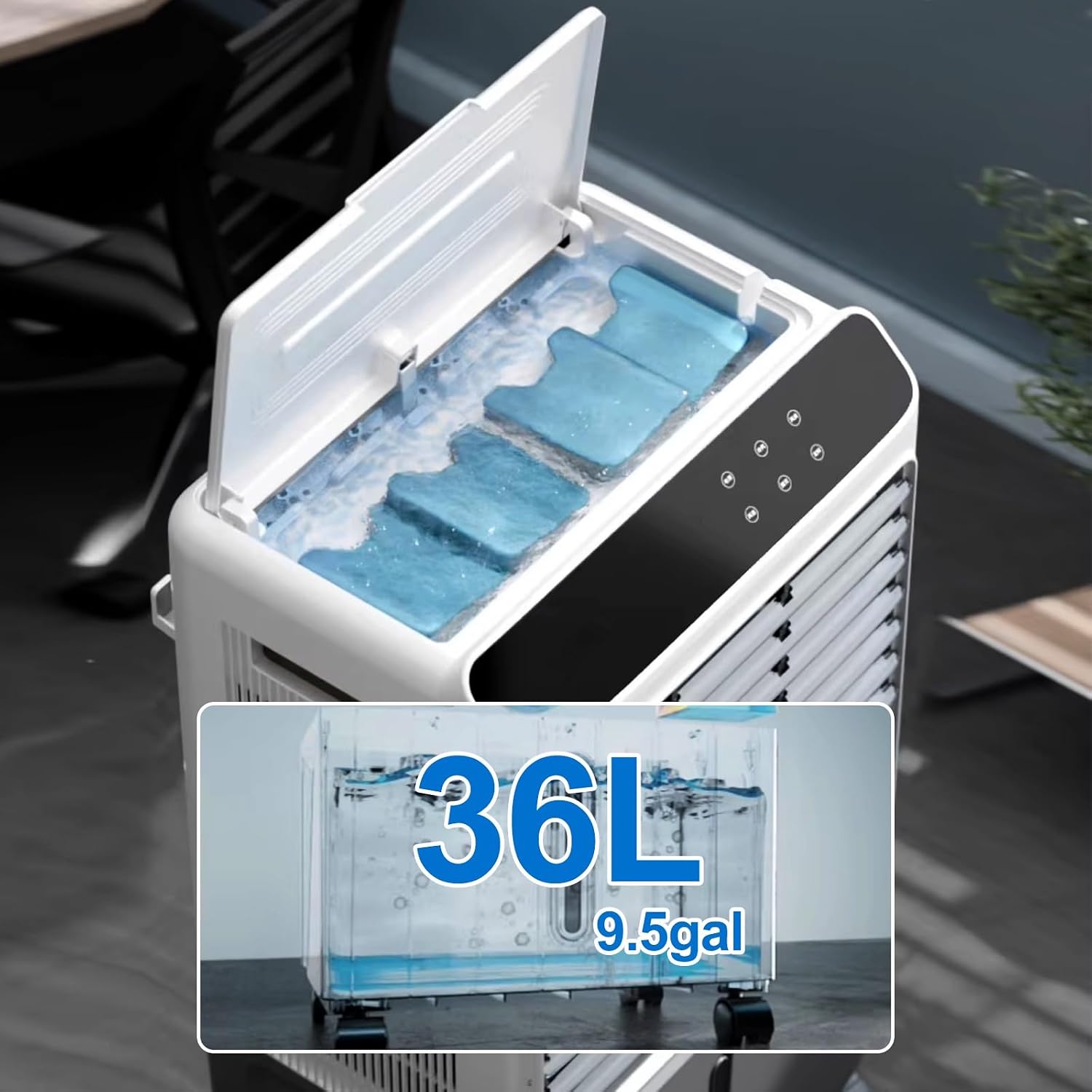  Refroidisseur D'air Par évaporation Portable Avec Réservoir D'eau De 40 L Et Humidificateur Oscillant Pour Chambres, Maison Et Bureau