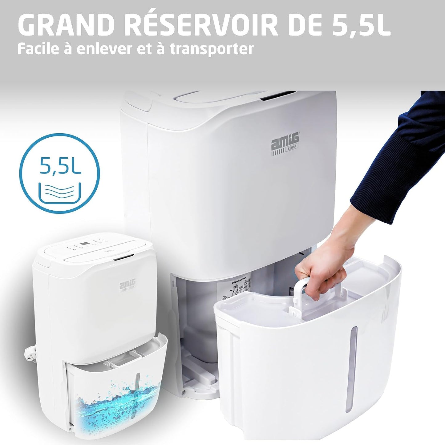  Amig – Déshumidificateur MIST - Capacité 20L/Jour - Régulation De L'humidité Et Minuterie - Réservoir D'eau Amovible 5,5L - 36x28x56 Cm - 270W - Couverture 160m³/h - Silencieux 42 DB - Séchage Linge