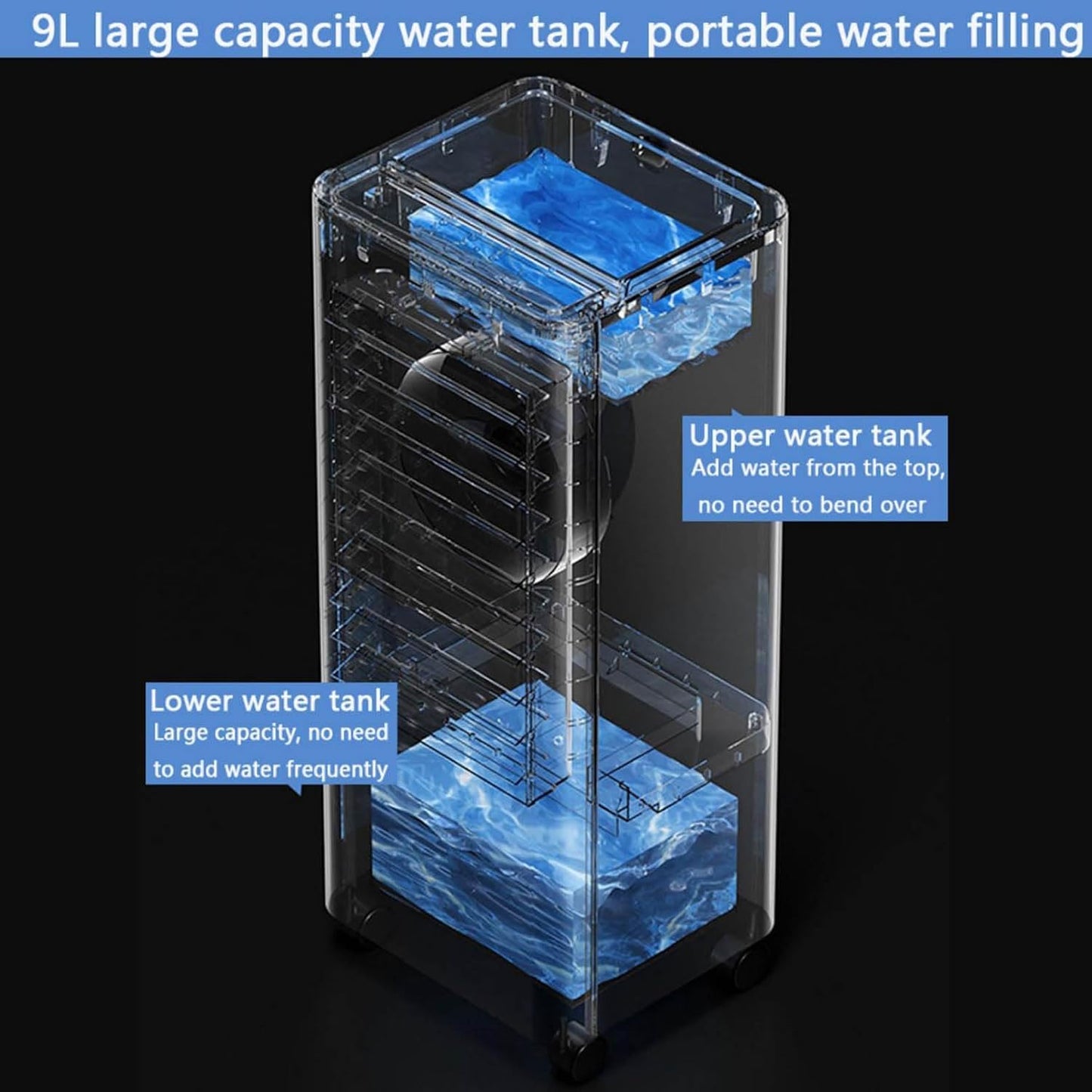  Climatiseur Portable Sans Conduit Avec Minuterie De 15 Heures Et Arrêt Automatique, Réservoir D'eau De 9 L, Ventilateur De Refroidissement Silencieux, Roues, Gain De Place Pour La Maison Et Le Bureau