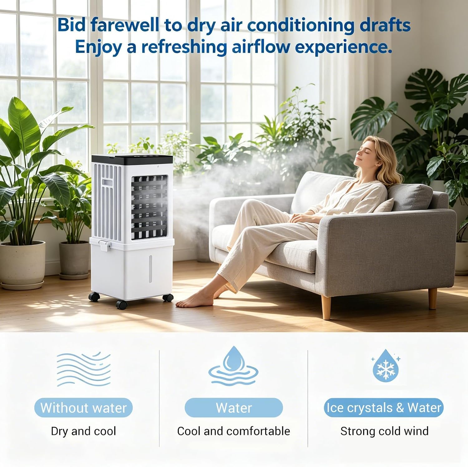  Climatiseur Mobile Sans Évacuation 15L, 3-en-1 Rafraîchisseur D'Air Évaporatif Silencieux Avec Télécommande, Ventilateur Brumisateur & Humidificateur, 3 Modes, Oscillation 120°, Pour Maison Bureau