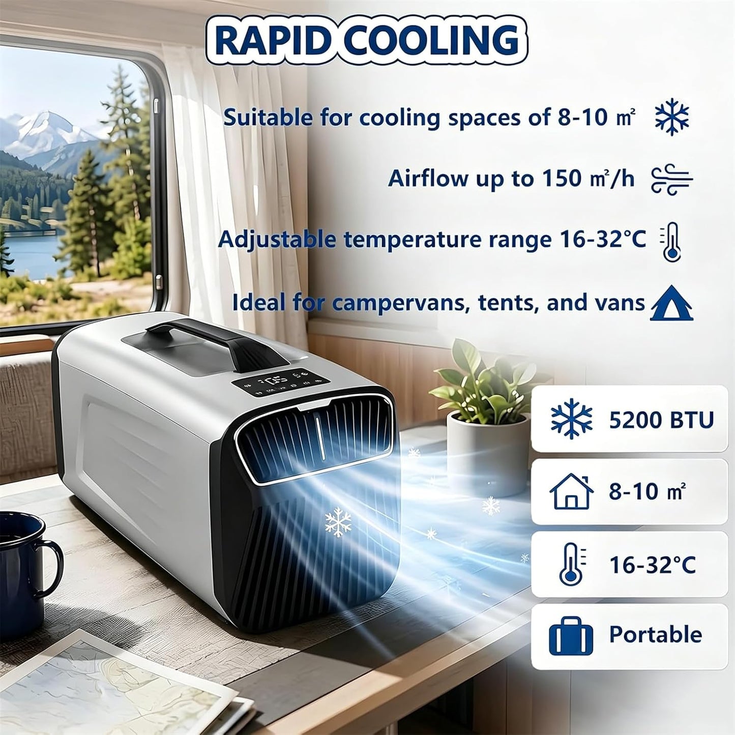  Climatiseur Portable Pour Tente 5200 Climatiseur Btu Pour Camping-Car, Refroidissement + Déshumidification + Ventilation + Mode Veille + Minuterie 24 H, Jusqu'à 10M², Conduit D'évacuation Inclus