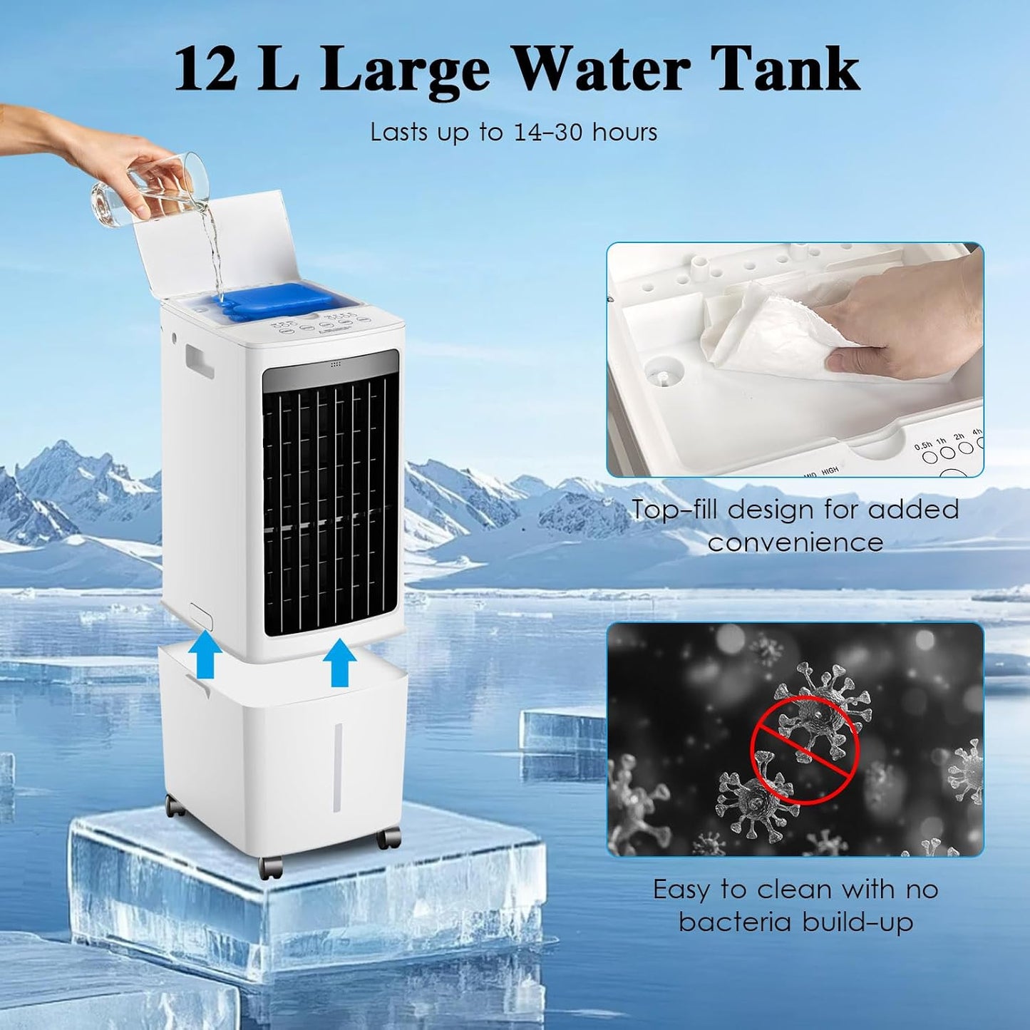  Climatiseur Évaporatif Mobile 12L, Rafraîchisseur D'Air Silencieux Avec Télécommande, 3 Vitesses, 2 Boîtes à Glace Pour Chambre Bureau