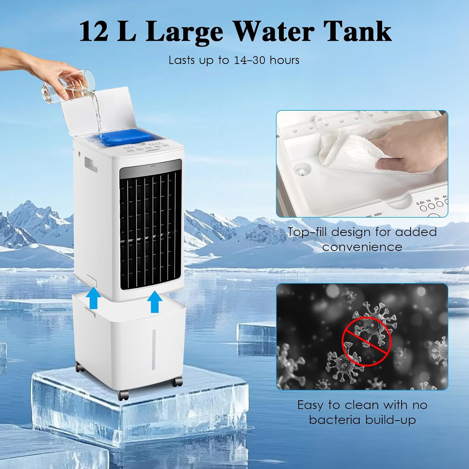  Climatiseur Évaporatif Mobile 12L, Rafraîchisseur D'Air Silencieux Avec Télécommande, 3 Vitesses, 2 Boîtes à Glace Pour Chambre Bureau