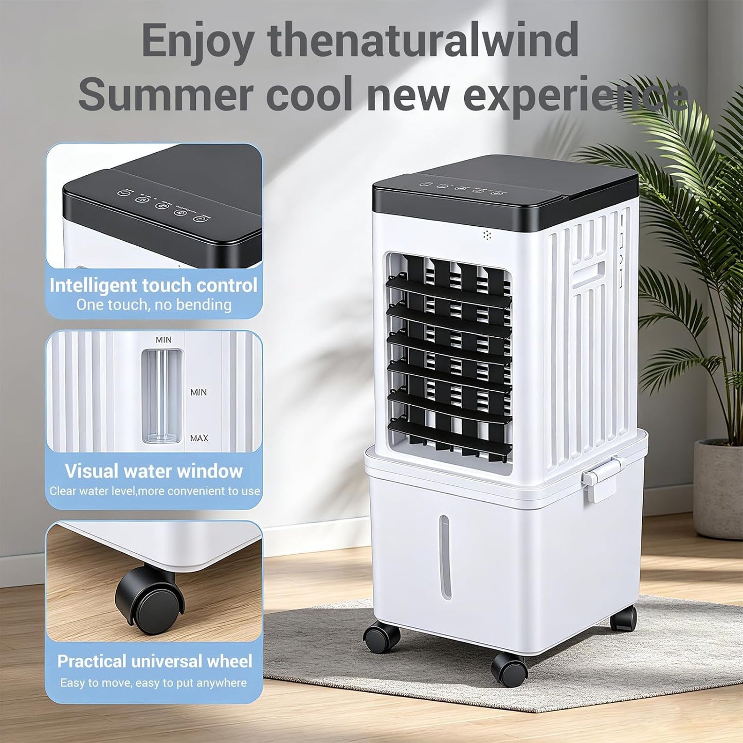  Climatiseur Mobile Sans Évacuation 15L, 3-en-1 Rafraîchisseur D'Air Évaporatif Silencieux Avec Télécommande, Ventilateur Brumisateur & Humidificateur, 3 Modes, Oscillation 120°, Pour Maison Bureau