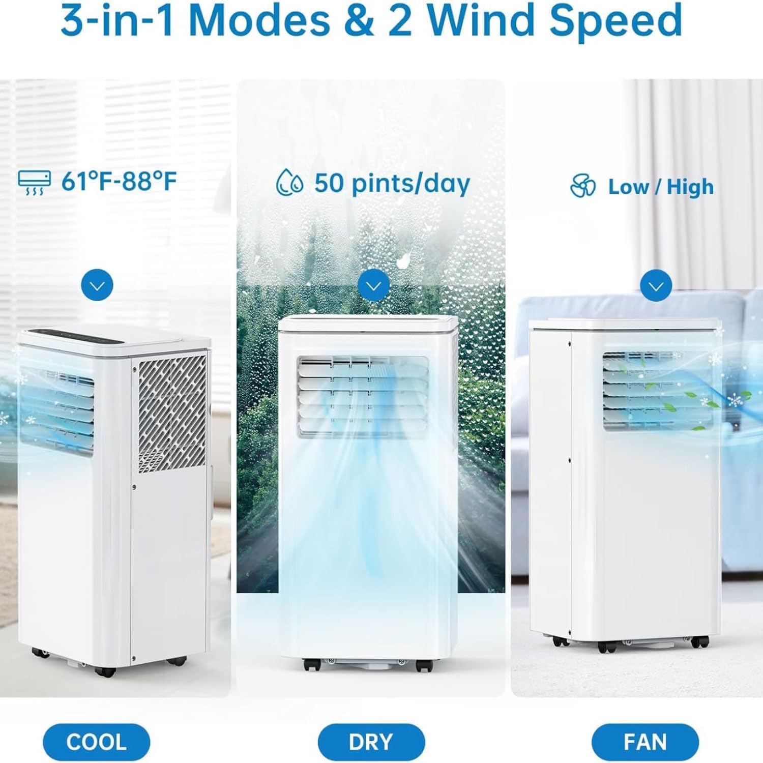  Climatiseur Portable Refroidit 350 Sq.Ft, Unité De Climatisation Silencieuse Avec Ventilateur, Déshumidificateur, Affichage LED, Télécommande, Minuterie 24H, Kit De Fenêtre Pour Chambre à Coucher, Bur