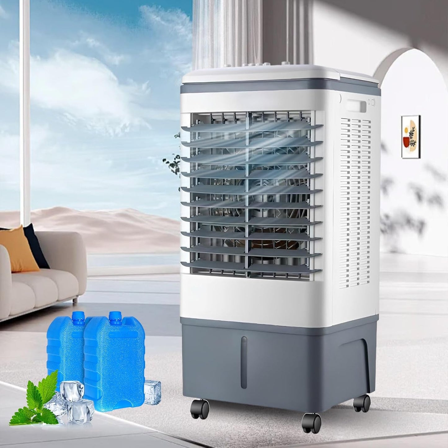  Rafraîchisseur D'Air 20L 3-en-1 Climatiseur Mobile Mécanique, Humidificateur Purificateur Avec 2 Packs De Glace, Commande Manuelle