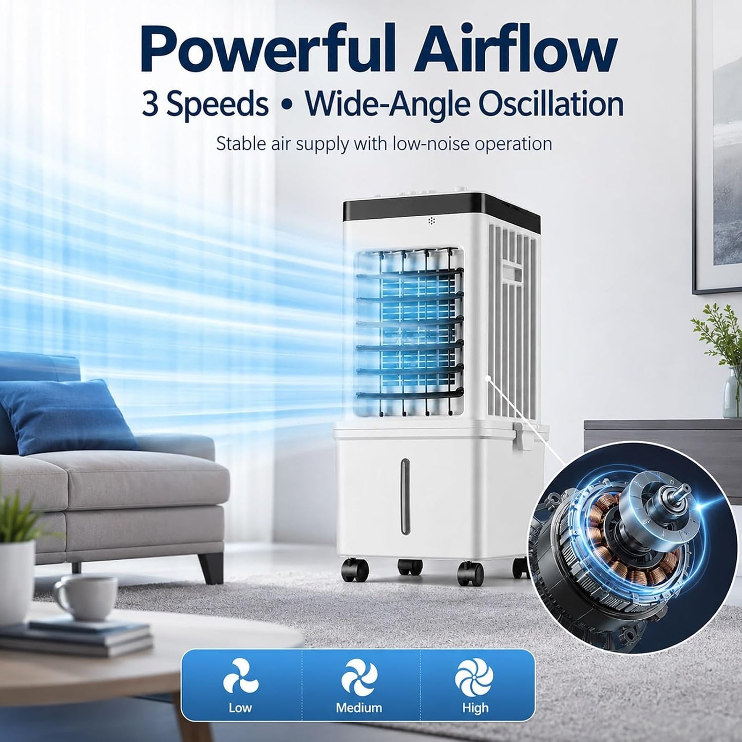  24 Pouces Climatiseur évaporatif, Portable Rafraîchisseur D'Air Avec Roulettes, Idéal Pour Salon, Chambre, Bureau