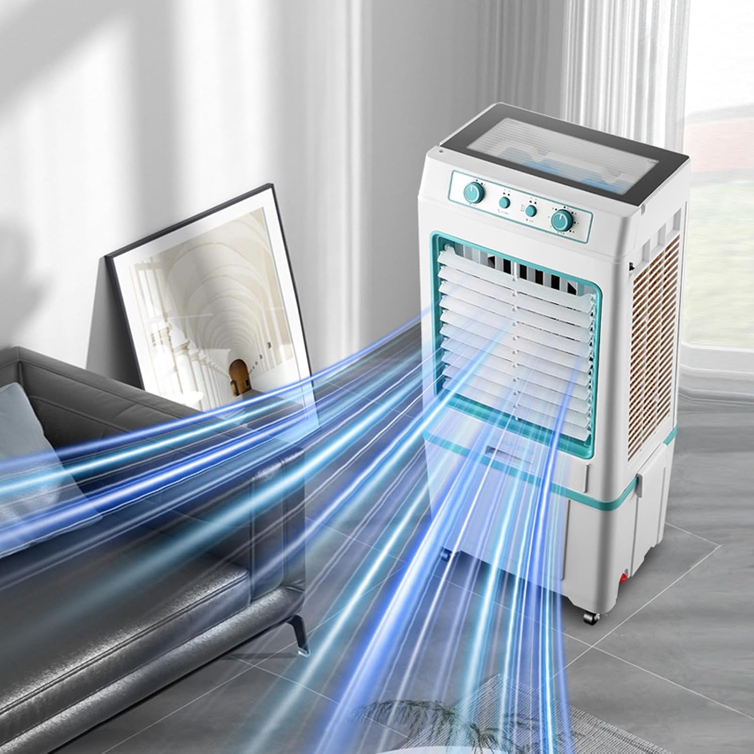  Refroidisseur D'air Portable Par évaporation Avec Oscillation Automatique, Ventilateur Humidificateur 3 En 1 Pour Intérieur, Extérieur, Patio, Garage