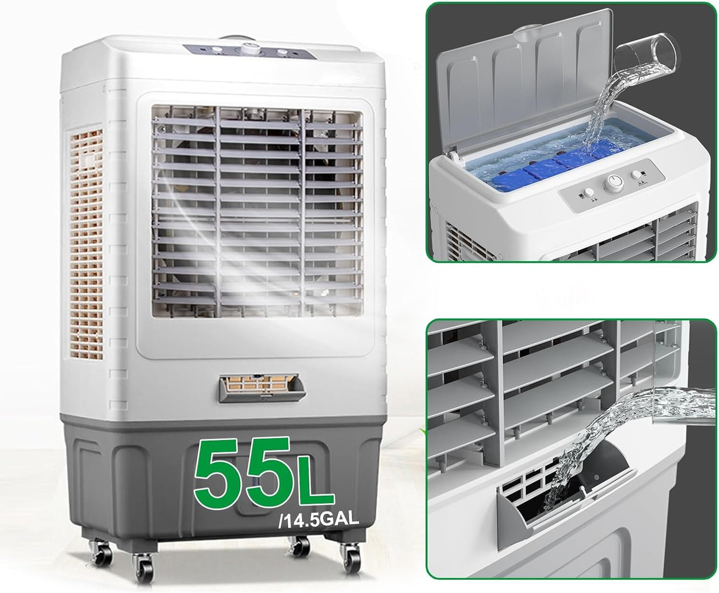  Refroidisseur D'air Par évaporation Avec Réservoir D'eau De 55 L, Air Conditioner Oscillation à 120°, 3 Vitesses, Pour Chambre, Terrasse, Garage