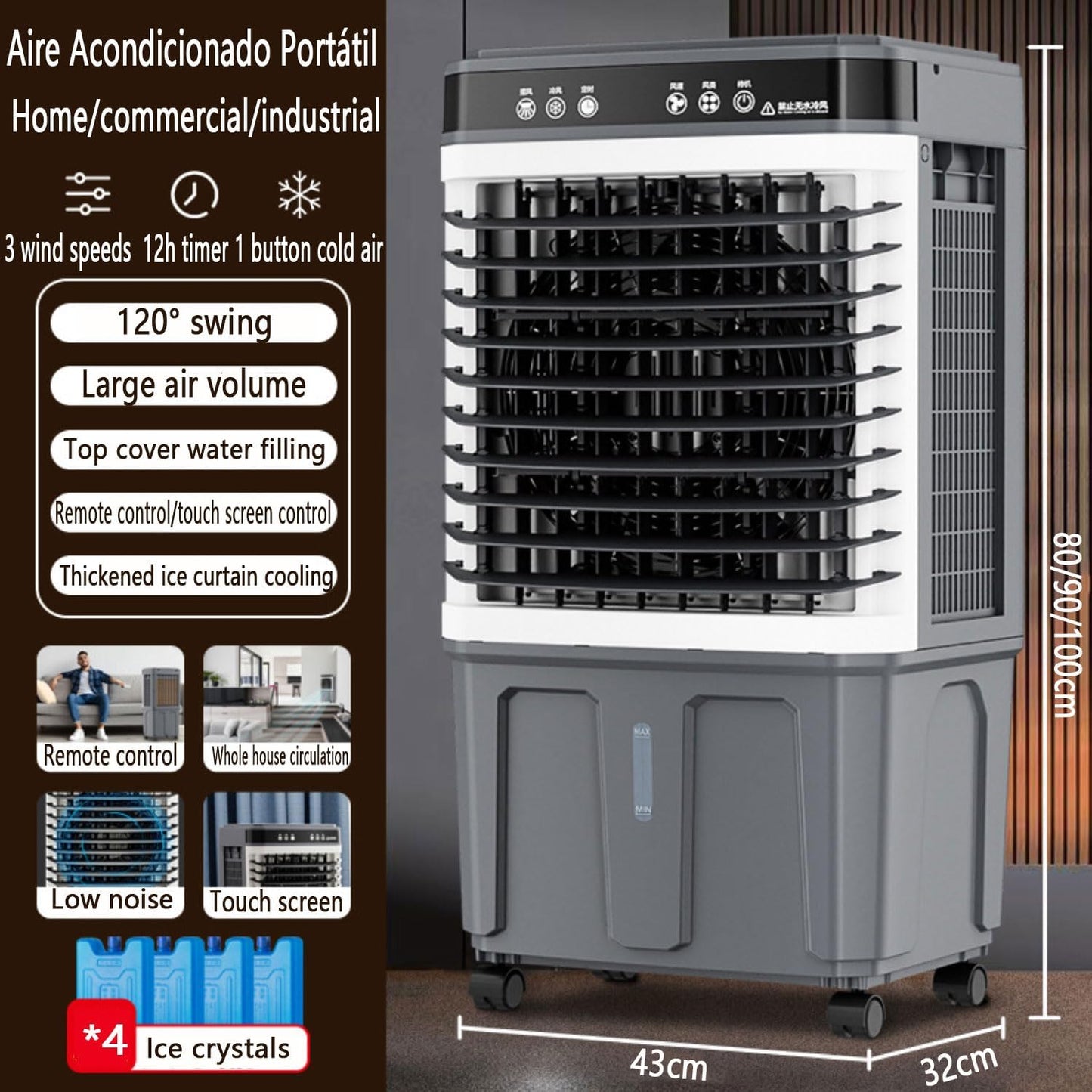 GENERIC Refroidisseur D'air évaporatif Portable Pour Grandes Pièces, Garages Et Terrasses, Refroidisseur De Type Marais Avec 3 Vitesses, Minuterie 12 H, Grand Réservoir, Oscillation à 120°, Sans Tuy
