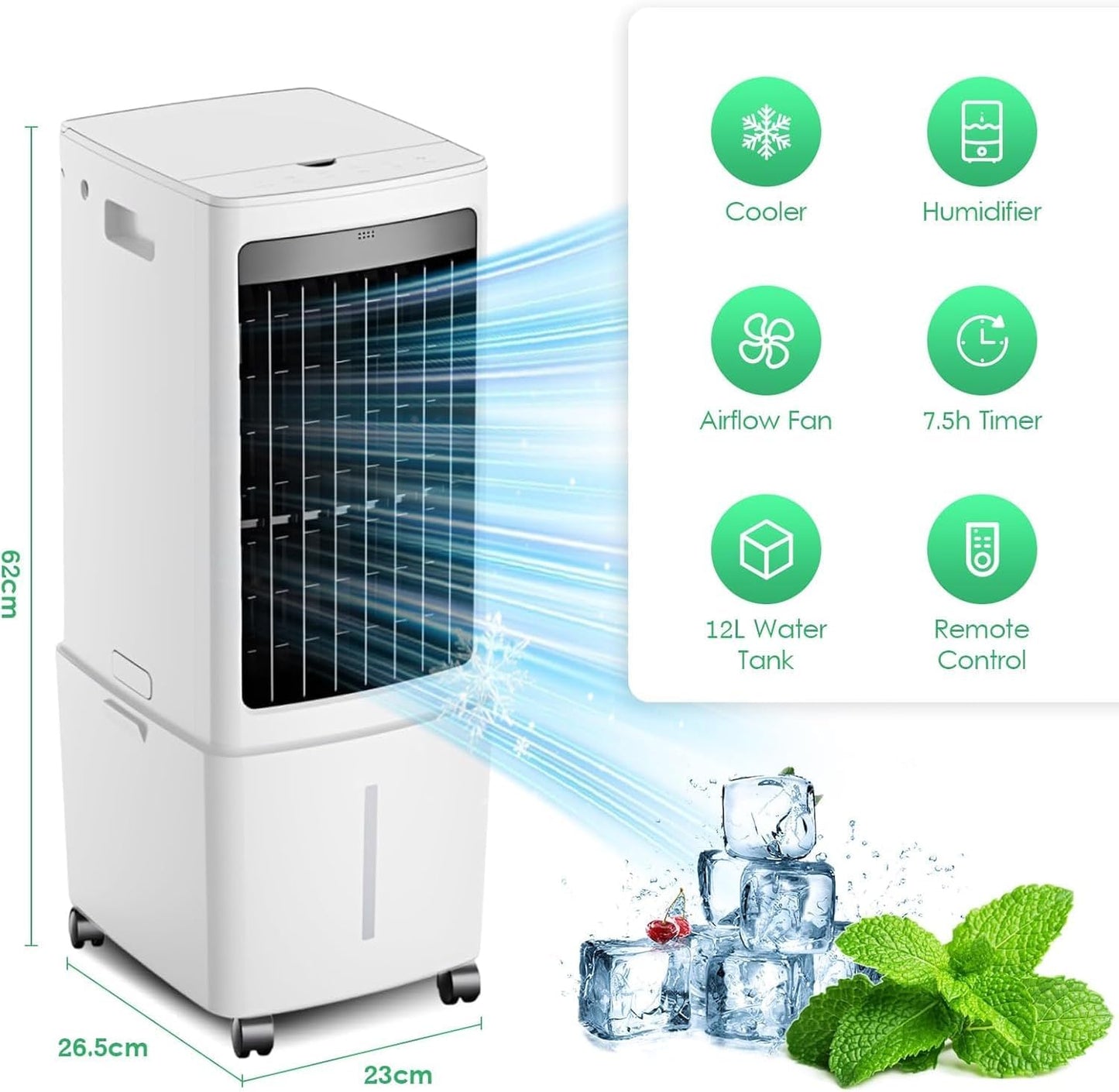 GENERIC Climatiseur De Marais, Refroidisseur D'air Par évaporation Avec Réservoir D'eau De 13 Litres, Oscillation à 120°, 3 Vitesses, AC Portable Avec Minuterie De 7,5 H, Pour Chambre, Bureau, Terrasse