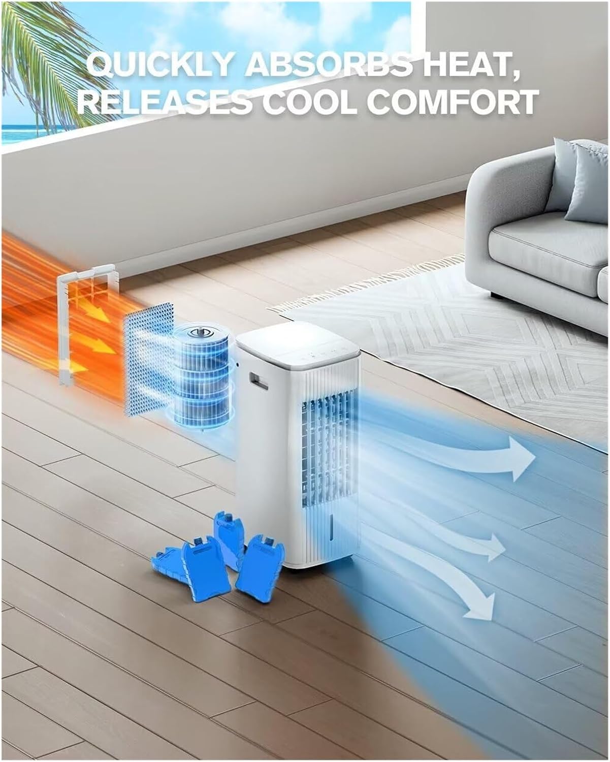  Refroidisseur D'air évaporateur Mobile 3 En 1 Avec 4 Blocs Réfrigérants Et Grand Réservoir D'eau, 3 Niveaux De Ventilateur Et Minuterie, Refroidissement Silencieux Pour Chambre à Coucher, Bureau Et