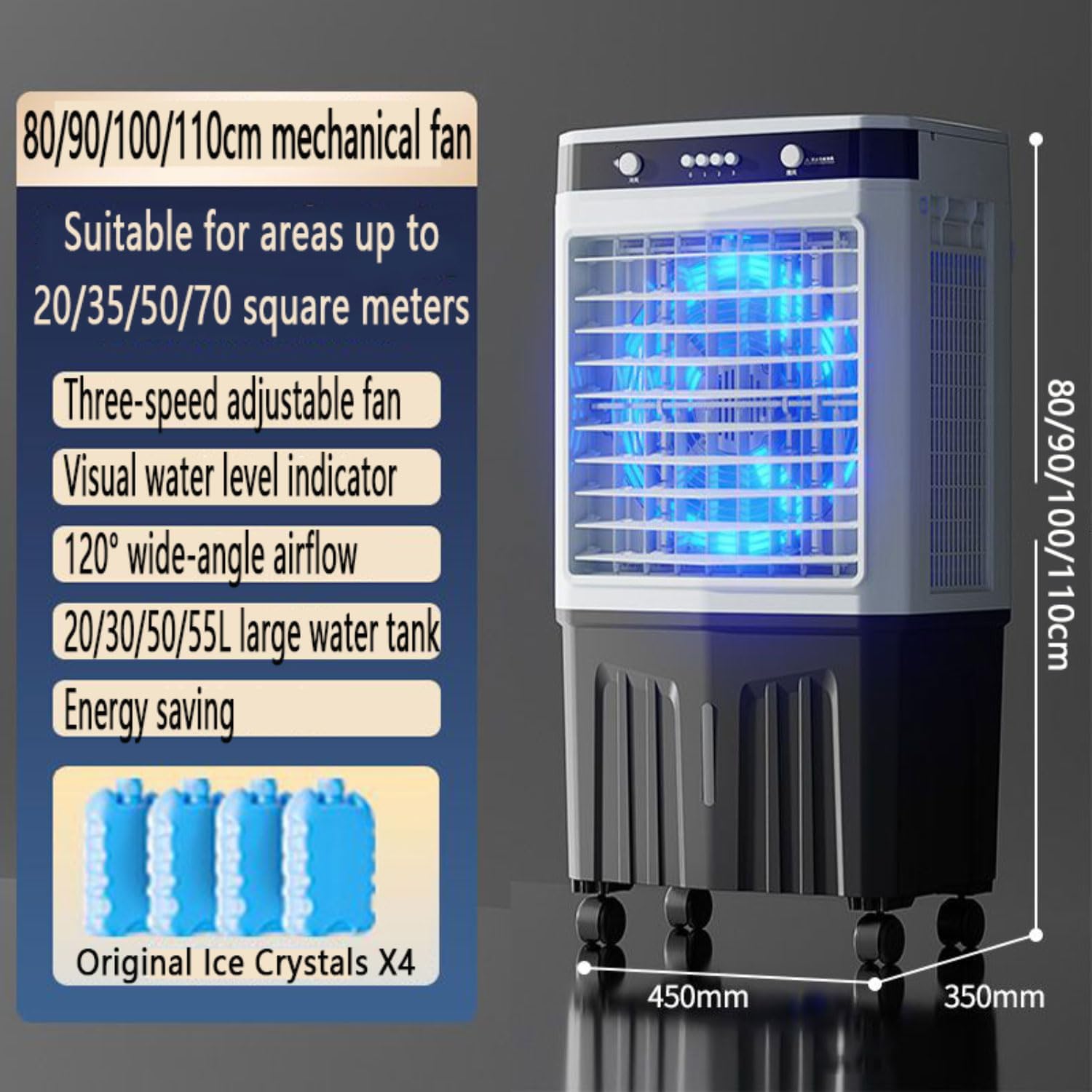 GENERIC Refroidisseur D'air Par évaporation Avec Réservoir D'eau De 55 L, Refroidissement 24 H, Oscillation à 60°, AC Portable Avec 4 Glacières, Pas Besoin De Tuyau, Idéal Pour Une Utilisation Dans La Chambre
