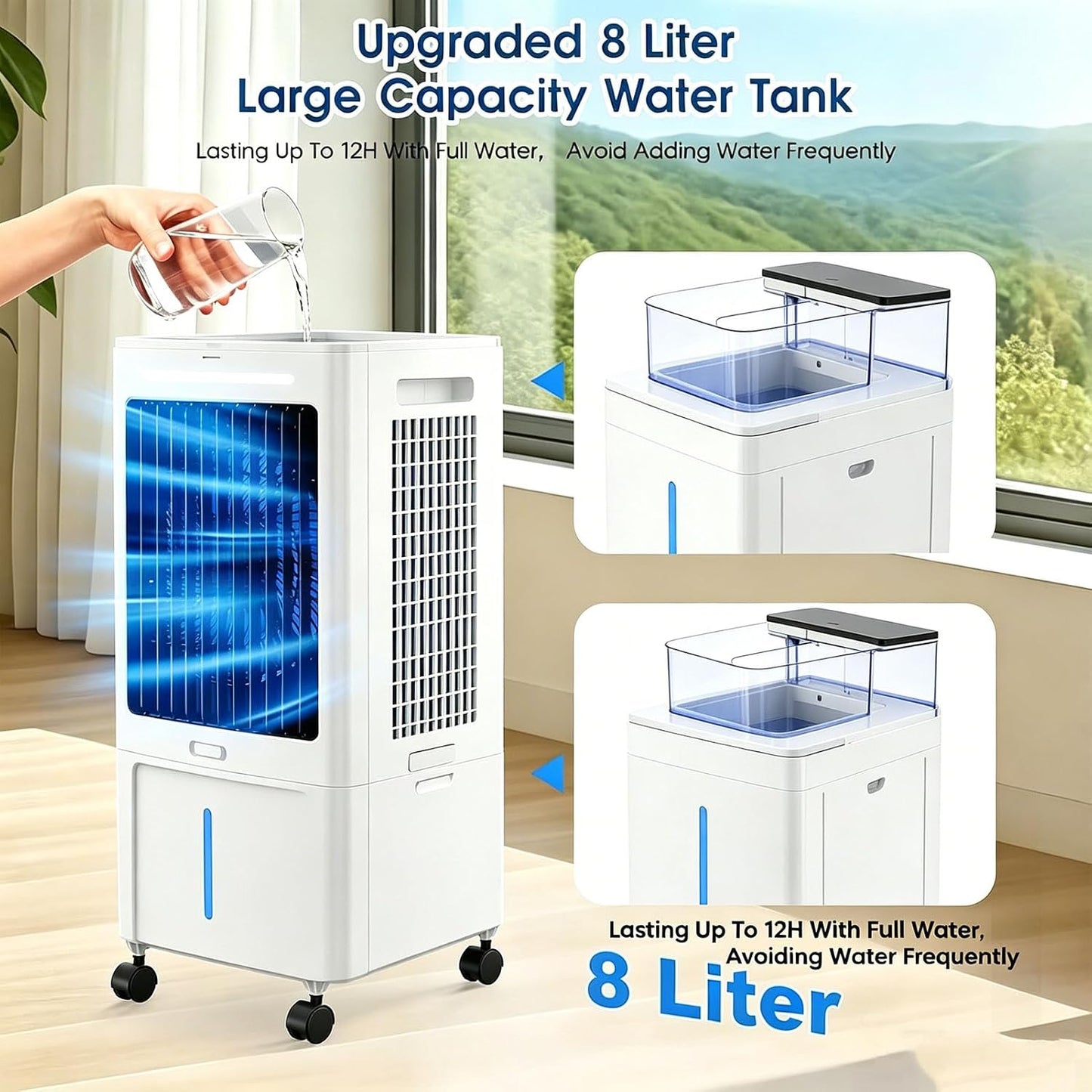 25L Refroidisseur D'air Par évaporation 3 En 1 Avec 3 Vitesses, 4 Modes, Minuterie 12 H, Refroidisseur D'oscillation Avec Réservoir， Télécommande, Ventilateur De Pour Maison Bureau Chambre