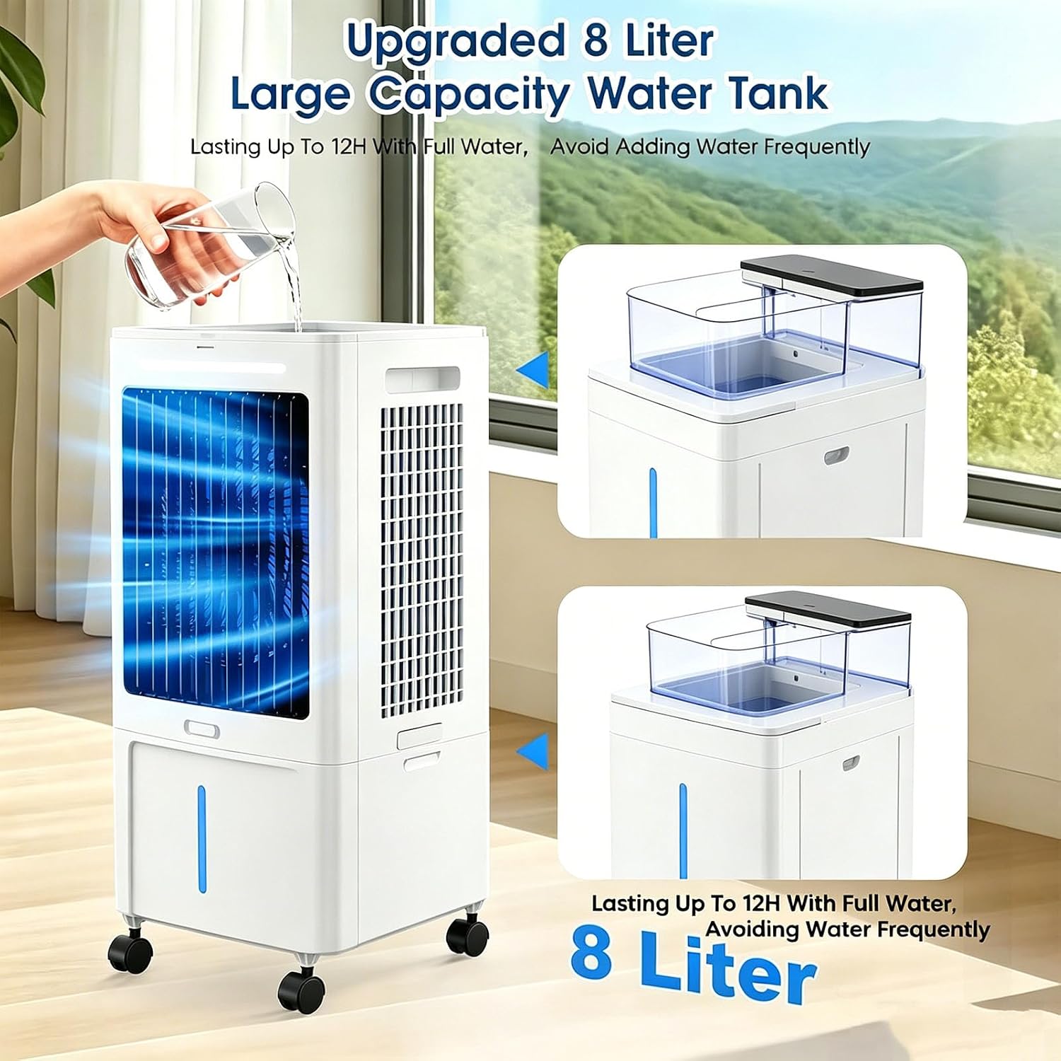  25L Refroidisseur D'air Par évaporation 3 En 1 Avec 3 Vitesses, 4 Modes, Minuterie 12 H, Refroidisseur D'oscillation Avec Réservoir， Télécommande, Ventilateur De Pour Maison Bureau Chambre