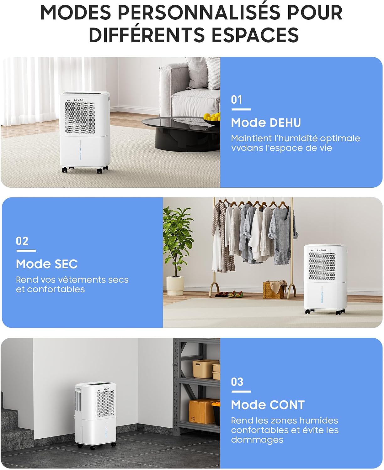  Déshumidificateur 12L/jour - Déshumidificateur électrique Puissant, économe En énergie, Portable, 3 Modes Et Contrôle Intelligent De L'humidité, Déshumidificateur électrique