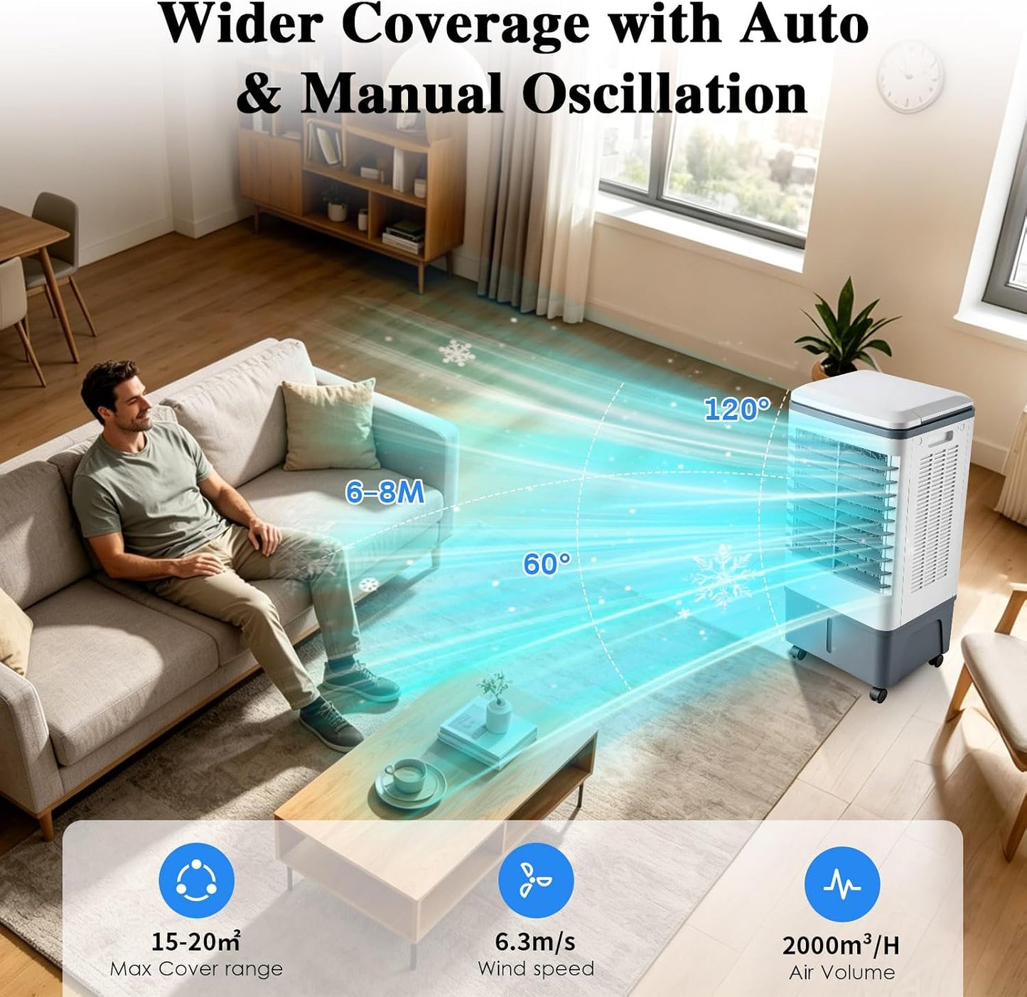  Rafraîchisseur D'Air Portable 20L, Humidificateur Évaporatif Mécanique, 2 Glacières, Grand Réservoir, Utilisation Facile