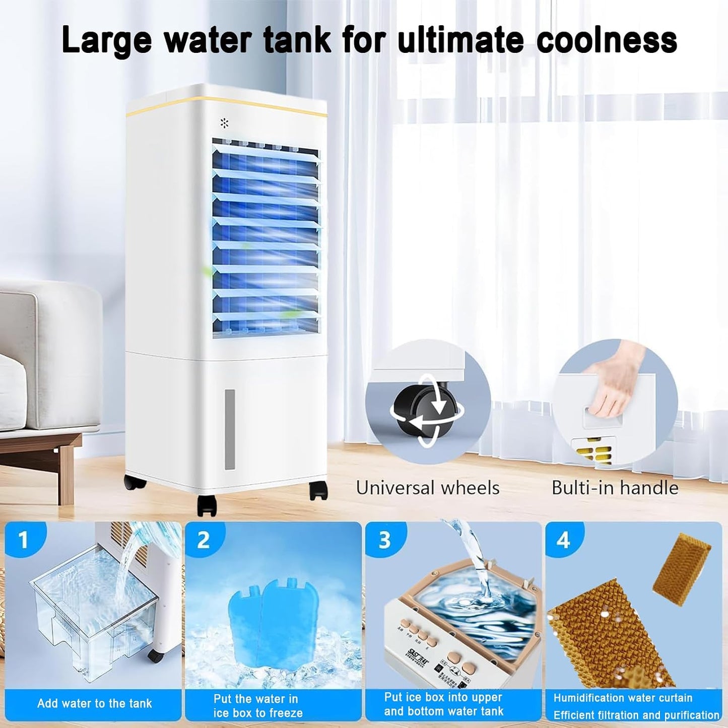 GENERIC Refroidisseur D'évaporation Portable Avec Télécommande, Ventilateur De Merle économe En énergie De 60W Pour Le Bureau De Chambre.Le Grand Réservoir De 1,55 Gal Dure 16 Heures.Sortie Ultra-Large 18x26.