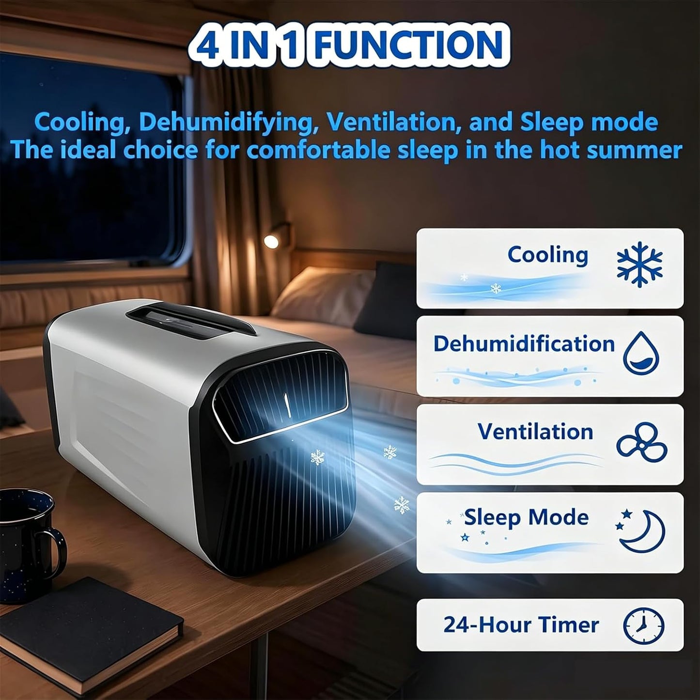  Climatiseur Portable Pour Tente 5200 Climatiseur Btu Pour Camping-Car, Refroidissement + Déshumidification + Ventilation + Mode Veille + Minuterie 24 H, Jusqu'à 10M², Conduit D'évacuation Inclus