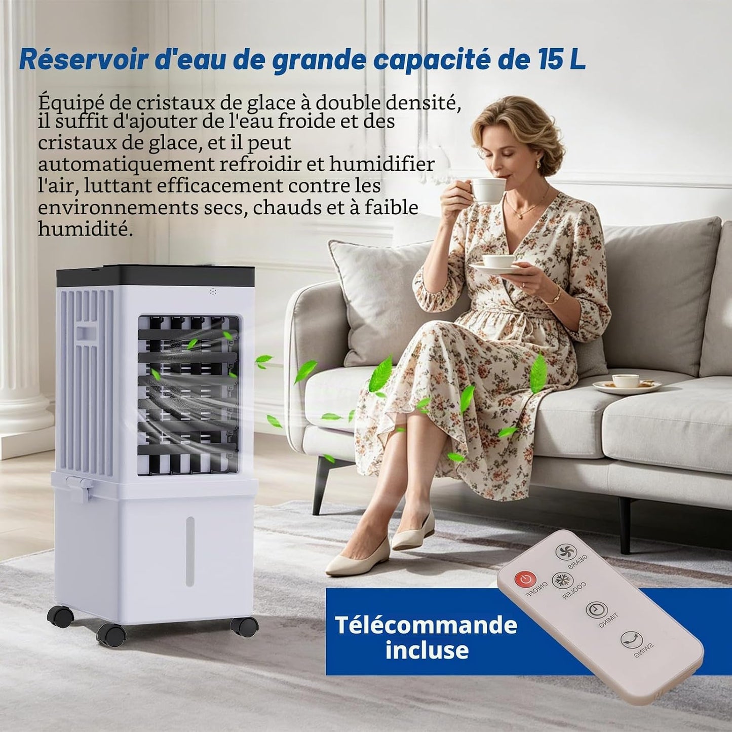  Climatiseur Mobile Sans Évacuation 15L, 3-en-1 Rafraîchisseur D'Air Évaporatif Silencieux Avec Télécommande, Ventilateur Brumisateur & Humidificateur, 3 Modes, Oscillation 120°, Pour Maison Bureau