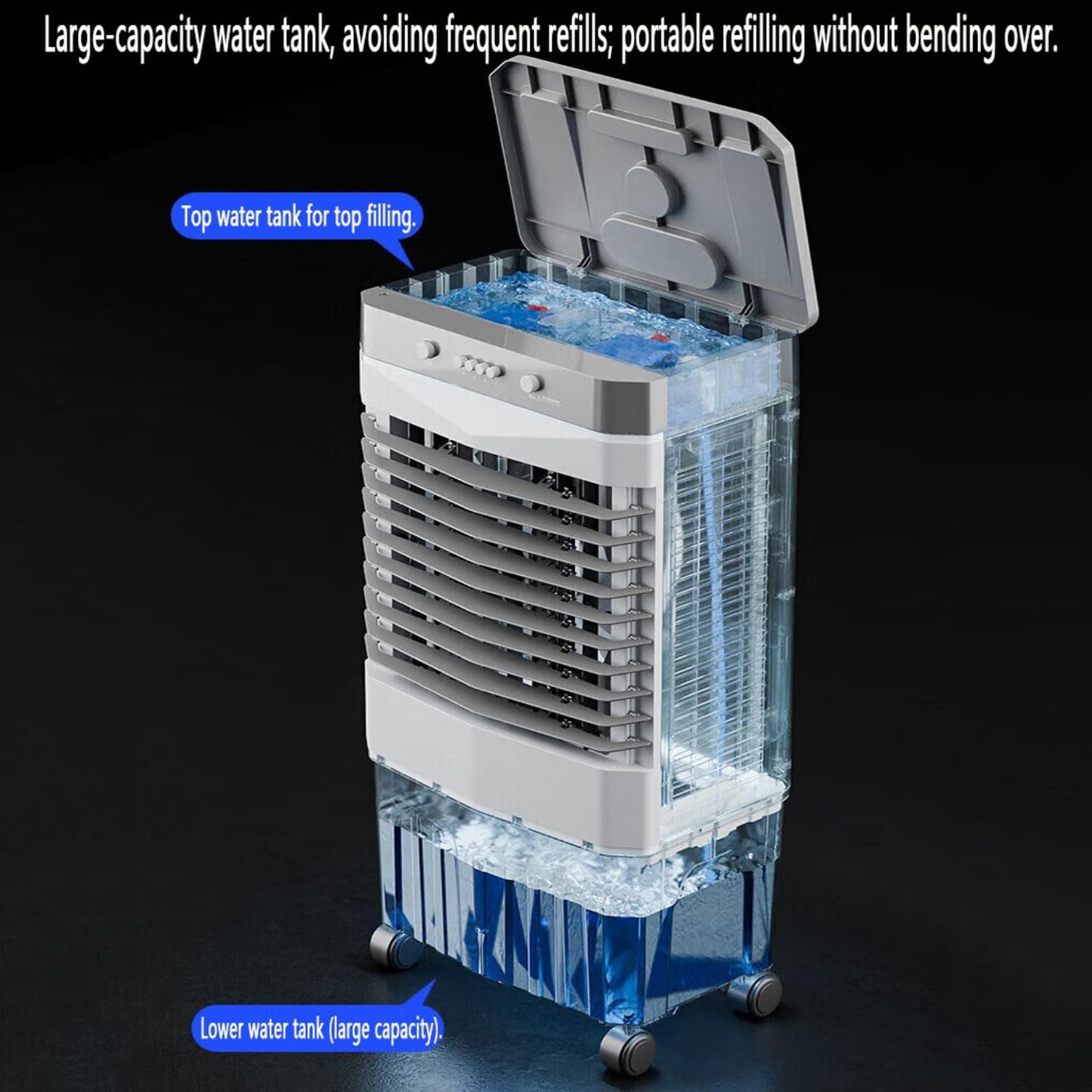 GENERIC Refroidisseur D'air Par évaporation Avec Réservoir D'eau De 55 L, Refroidissement 24 H, Oscillation à 60°, AC Portable Avec 4 Glacières, Pas Besoin De Tuyau, Idéal Pour Une Utilisation Dans La Chambre