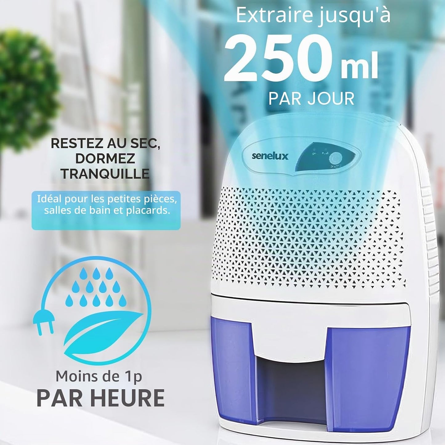  Senelux Mini Déshumidificateur D'air Portable Puissant De 500 Ml - Petit Déshumidificateur Efficace Et Stable - Absorbeur D'humidité Portable Pour Petites Pièces, Salle De Bain, Cave, Maison