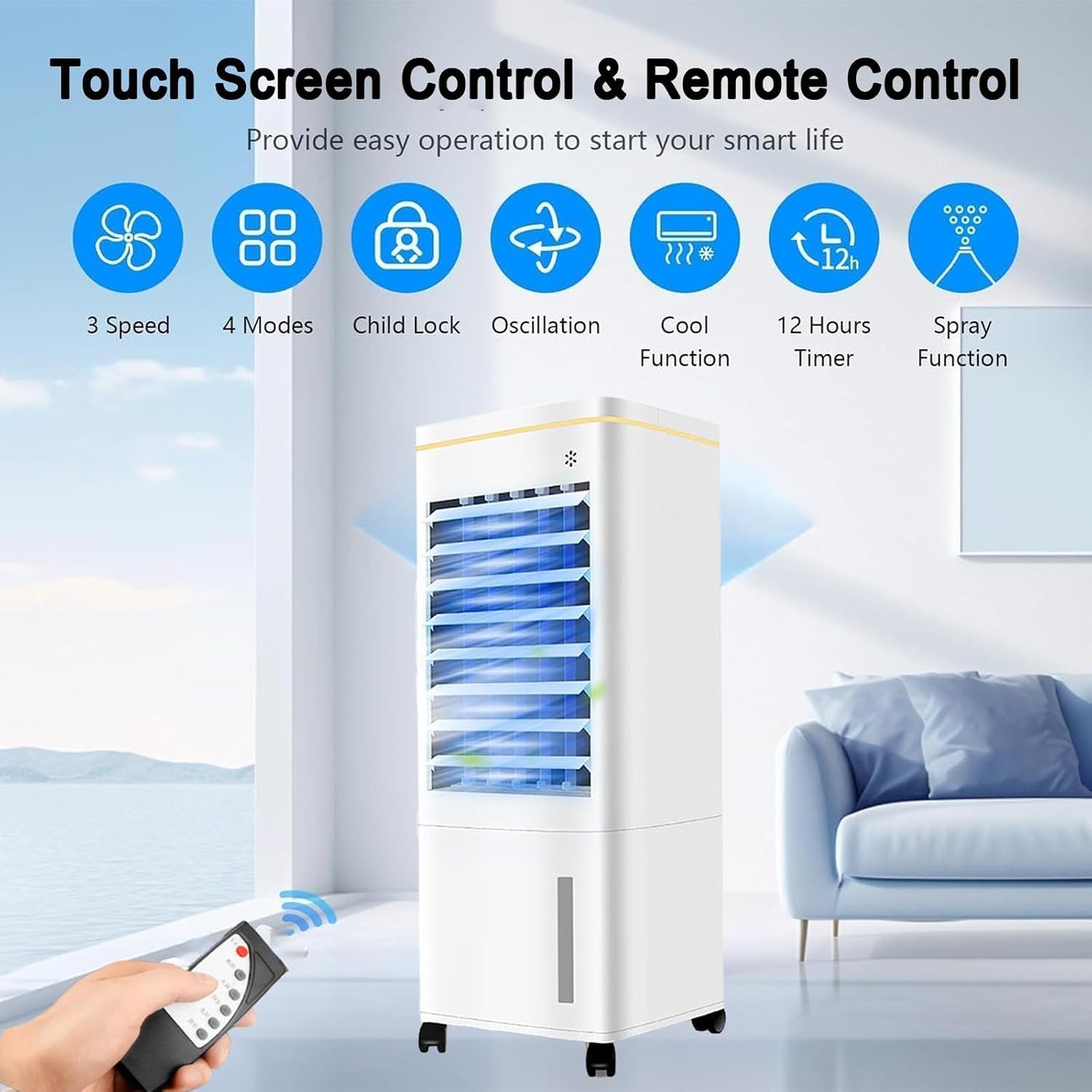 GENERIC Refroidisseur D'évaporation Portable Avec Télécommande, Ventilateur De Merle économe En énergie De 60W Pour Le Bureau De Chambre.Le Grand Réservoir De 1,55 Gal Dure 16 Heures.Sortie Ultra-Large 18x26.