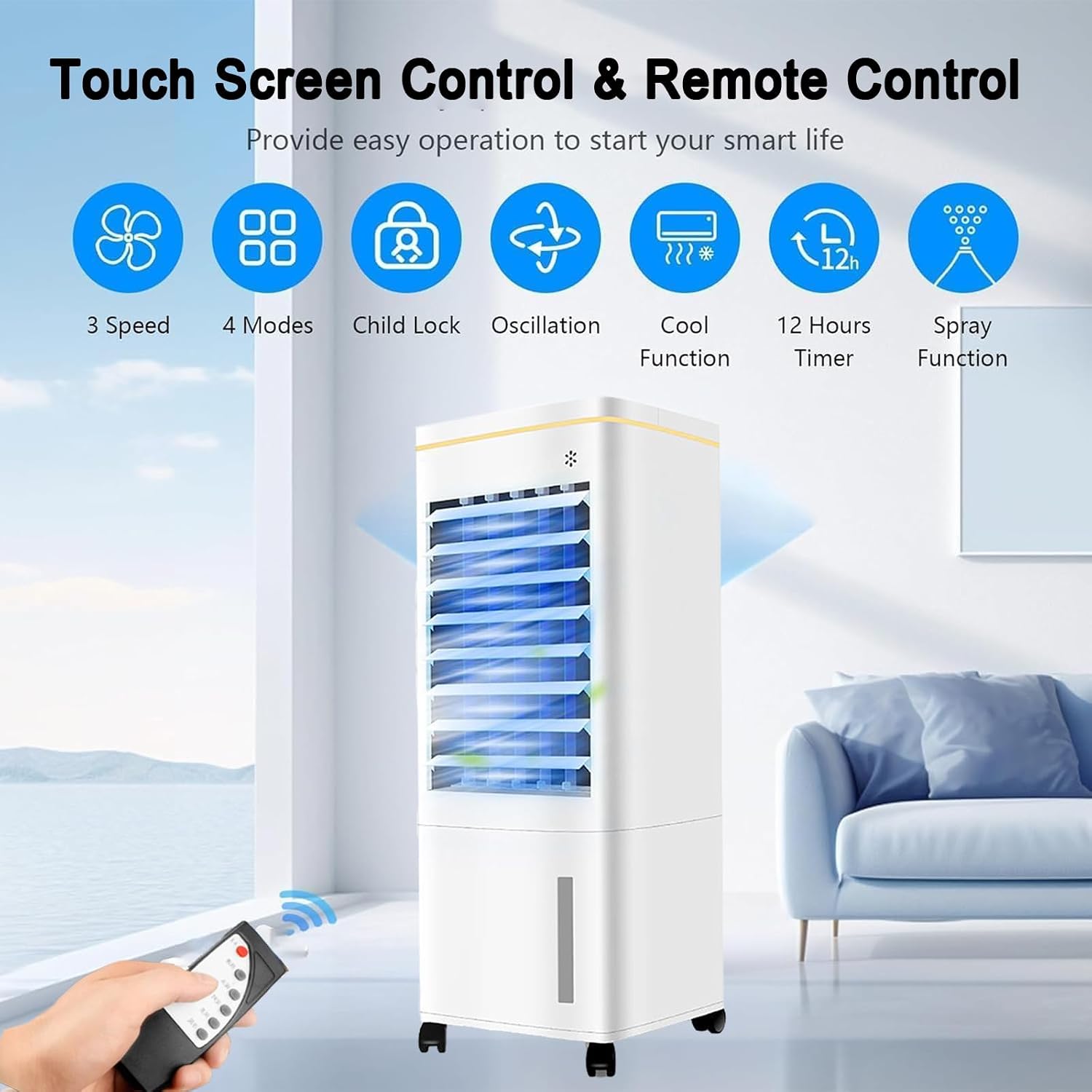 GENERIC Refroidisseur D'évaporation Portable Avec Télécommande, Ventilateur De Merle économe En énergie De 60W Pour Le Bureau De Chambre.Le Grand Réservoir De 1,55 Gal Dure 16 Heures.Sortie Ultra-Large 18x26.