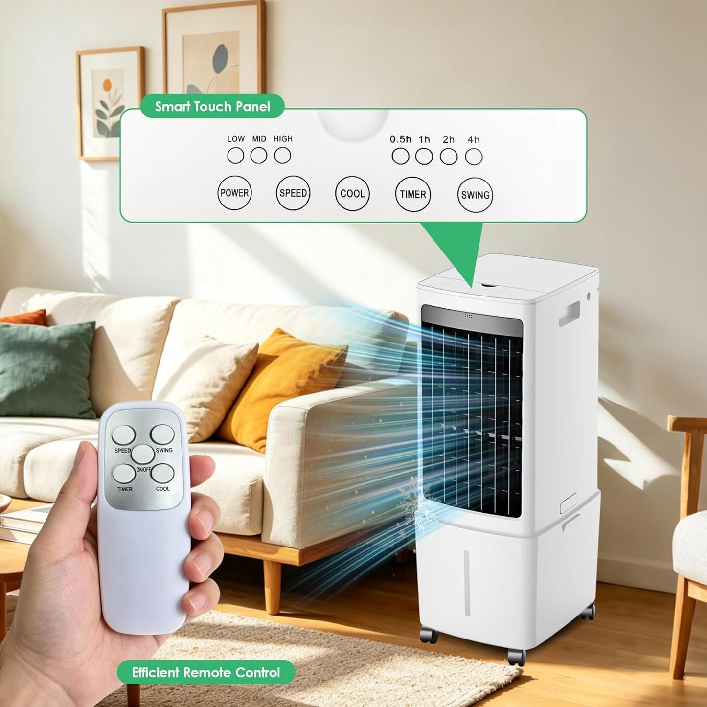 GENERIC Climatiseur De Marais, Refroidisseur D'air Par évaporation Avec Réservoir D'eau De 13 Litres, Oscillation à 120°, 3 Vitesses, AC Portable Avec Minuterie De 7,5 H, Pour Chambre, Bureau, Terrasse